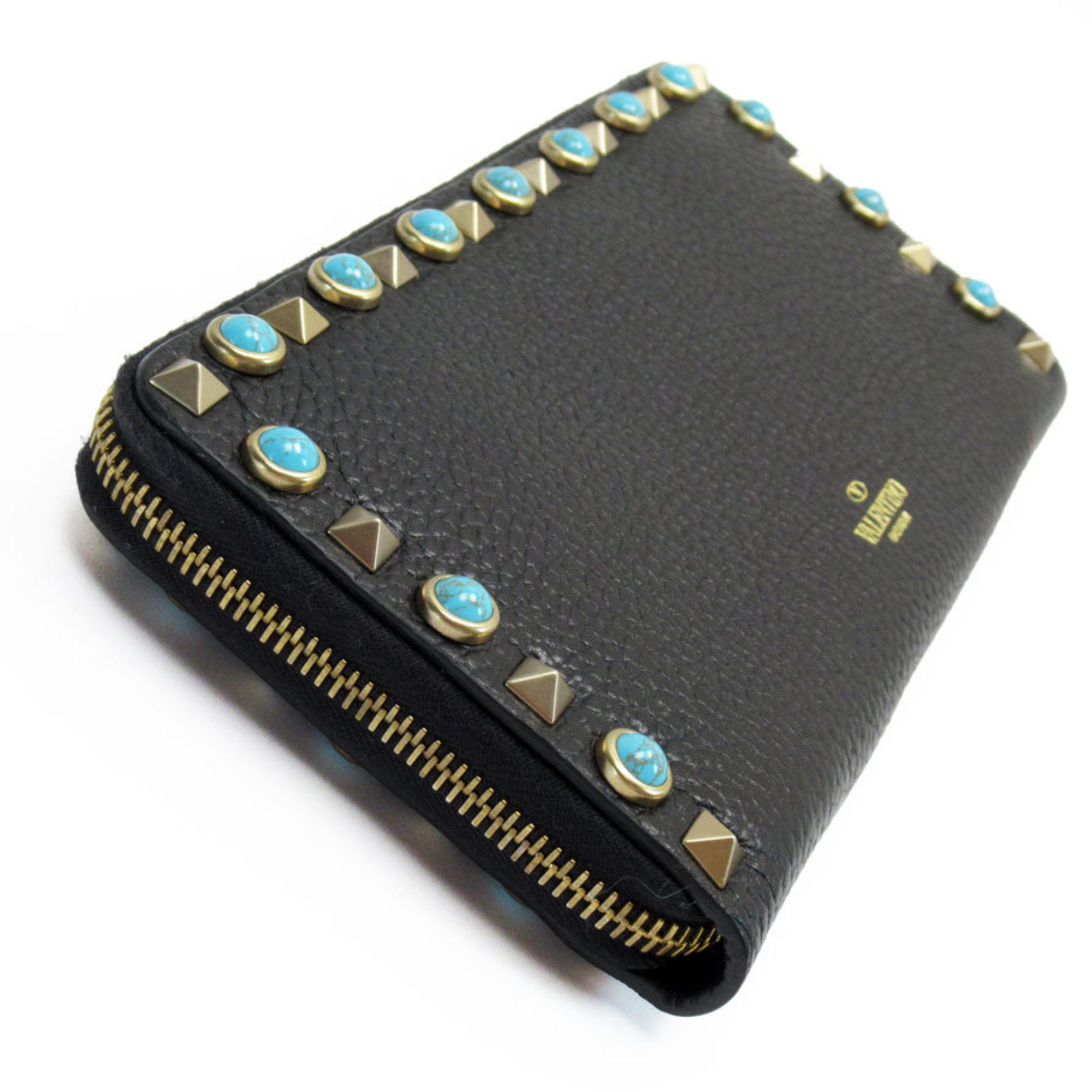 Valentino Garavani Round Long Wallet Leather Black Turquoise Blue Gold Women's w0627f