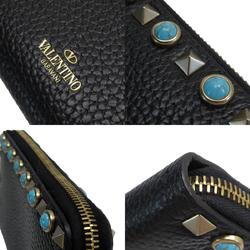 Valentino Garavani Round Long Wallet Leather Black Turquoise Blue Gold Women's w0627f