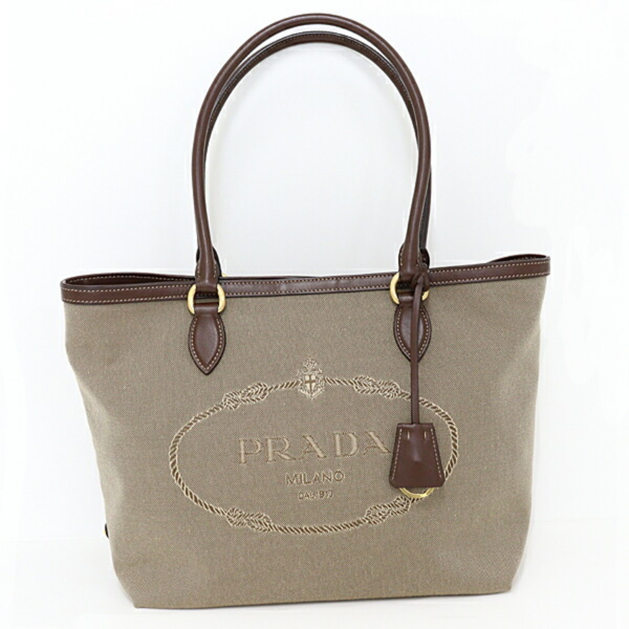 PRADA Jacquard Tote Bag Shoulder LOGO JACQUARD Canvas Brown