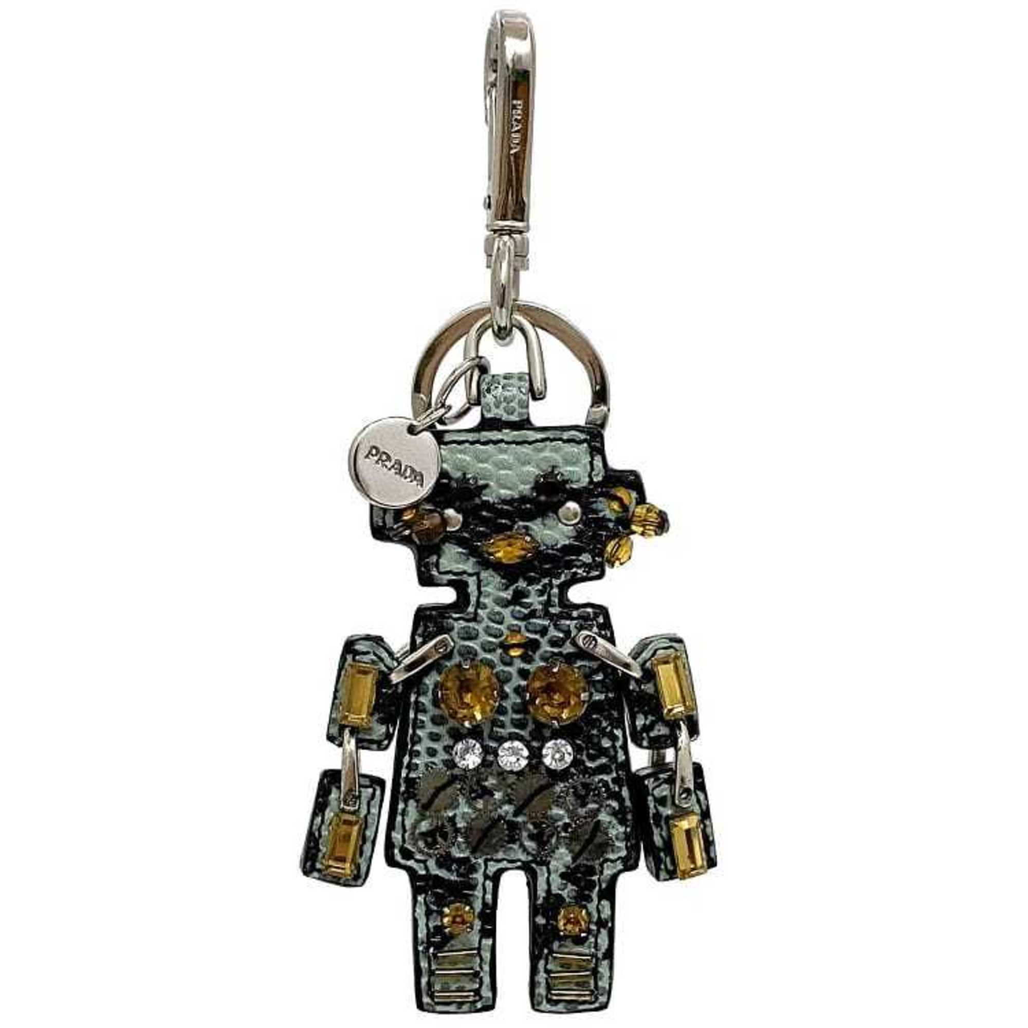 Prada Robot Charm Light Green Silver Leather Metal Rhinestone PRADA Key Ring Bag Stone Women's Accessories