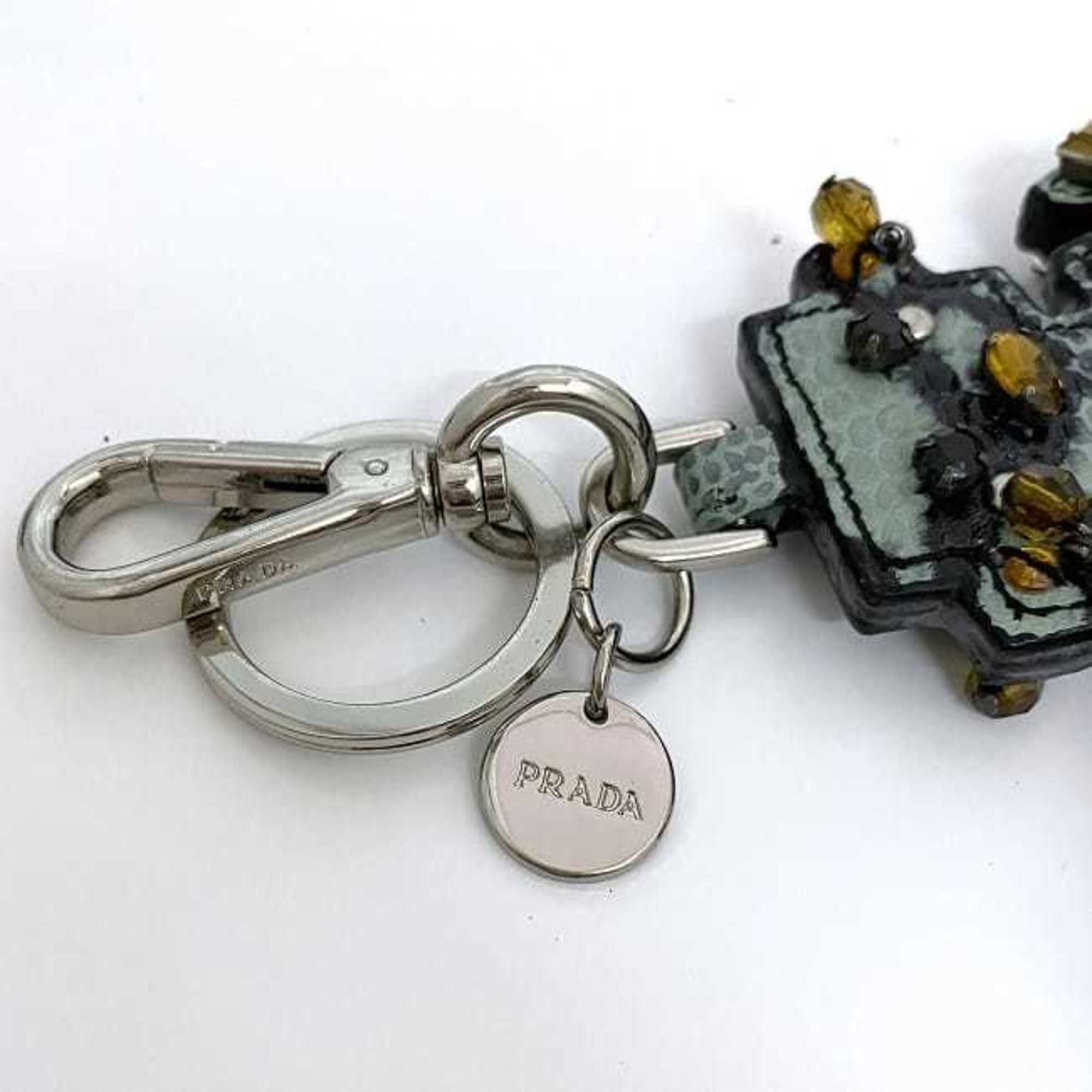 Prada Robot Charm Light Green Silver Leather Metal Rhinestone PRADA Key Ring Bag Stone Women's Accessories