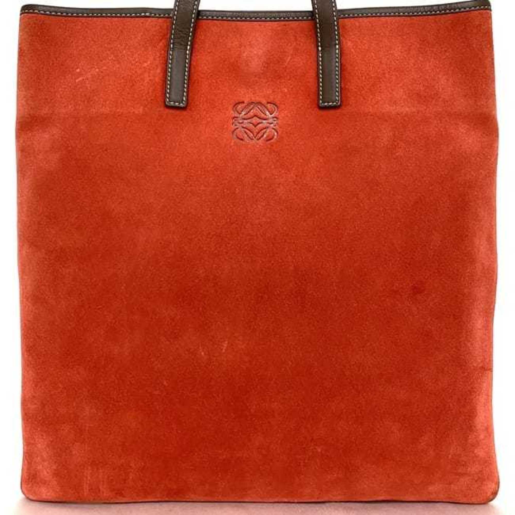 LOEWE Tote Bag Red Brown Anagram Suede Leather Handbag A4 Unisex