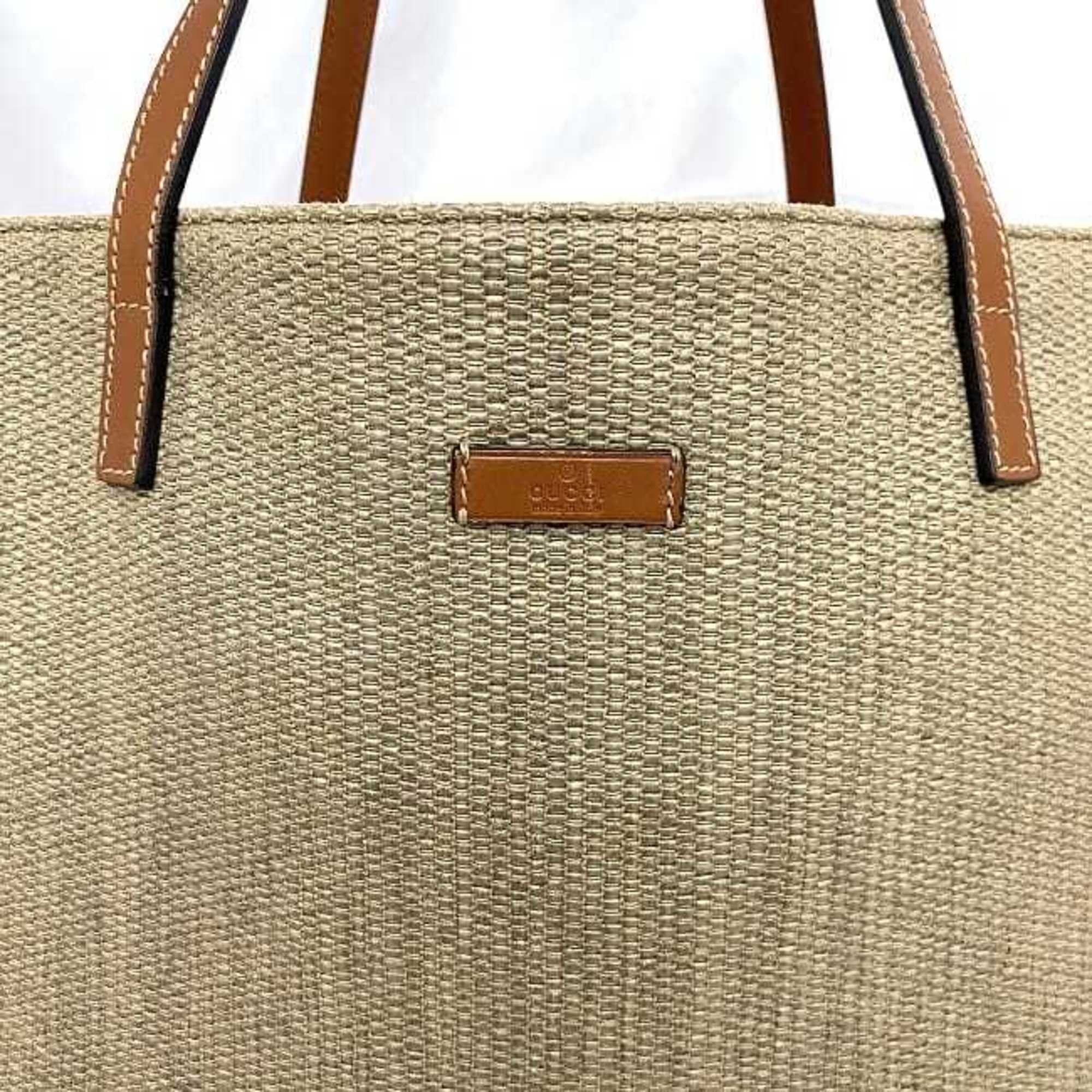 Gucci Tote Bag Beige Brown 309551 Coated Jacquard Canvas Leather GUCCI Straw Women's