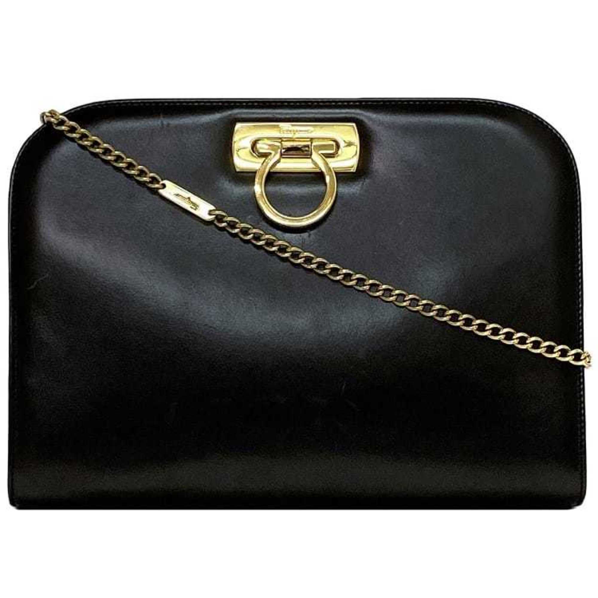 Salvatore Ferragamo Chain Shoulder Bag Black Gancini 21 0587/40 GP Leather P21 05 87