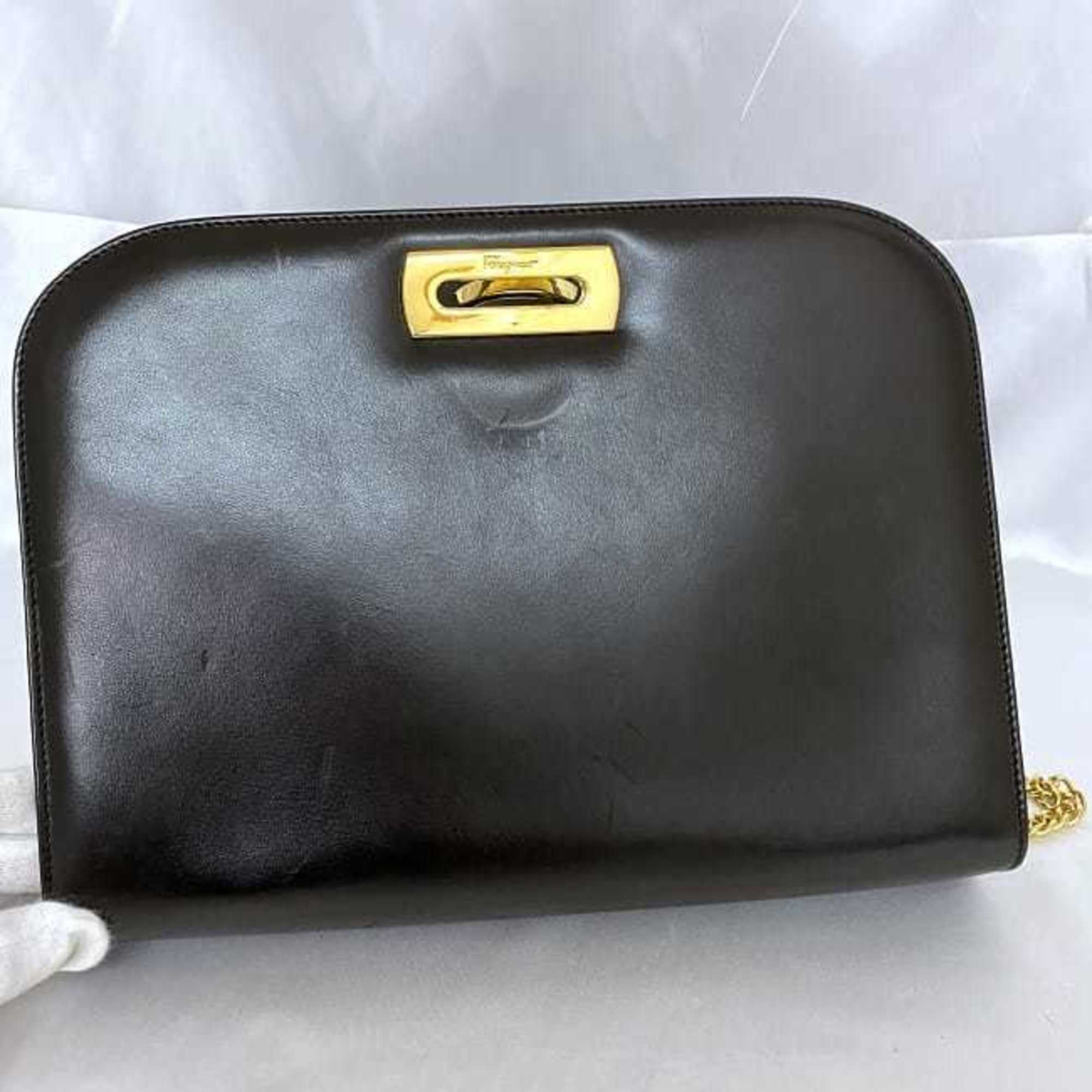 Salvatore Ferragamo Chain Shoulder Bag Black Gancini 21 0587/40 GP Leather P21 05 87