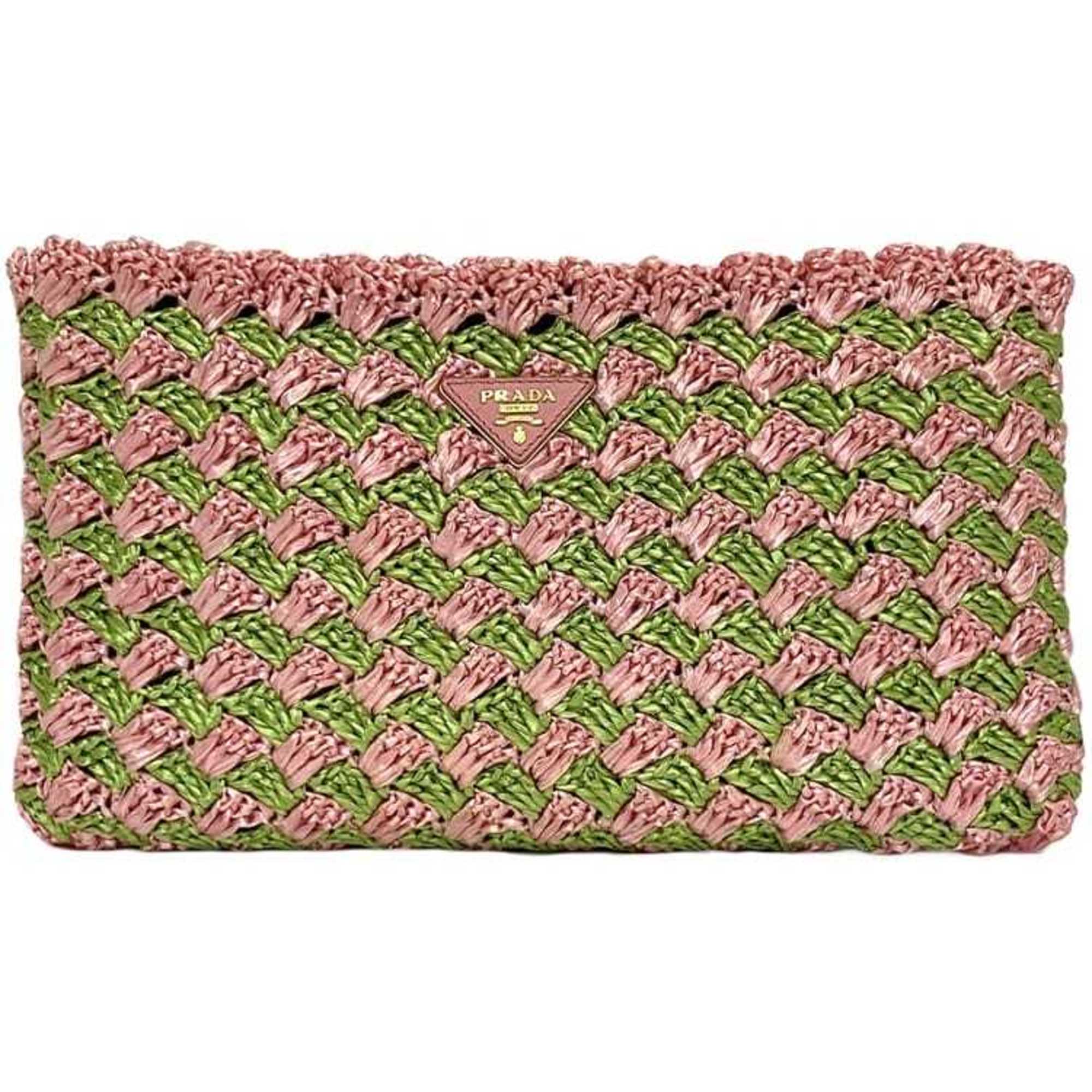 Prada Clutch Bag Pink Green Raffia Crockett BP0515 Handbag Straw PRADA Triangle Women's Compact