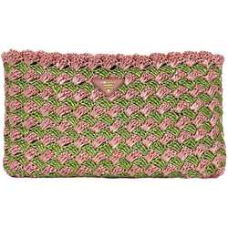 Prada Clutch Bag Pink Green Raffia Crockett BP0515 Handbag Straw PRADA Triangle Women's Compact