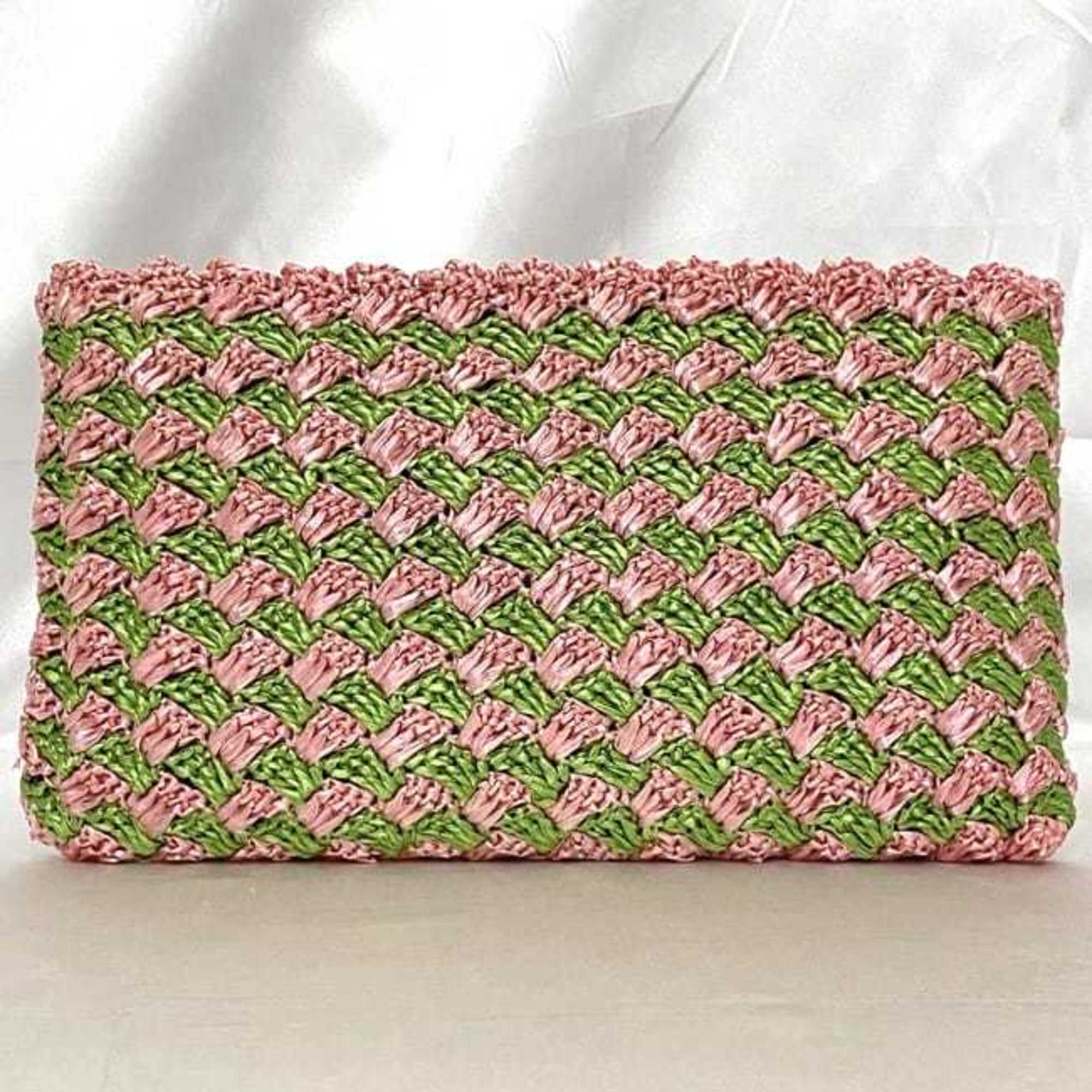 Prada Clutch Bag Pink Green Raffia Crockett BP0515 Handbag Straw PRADA Triangle Women's Compact