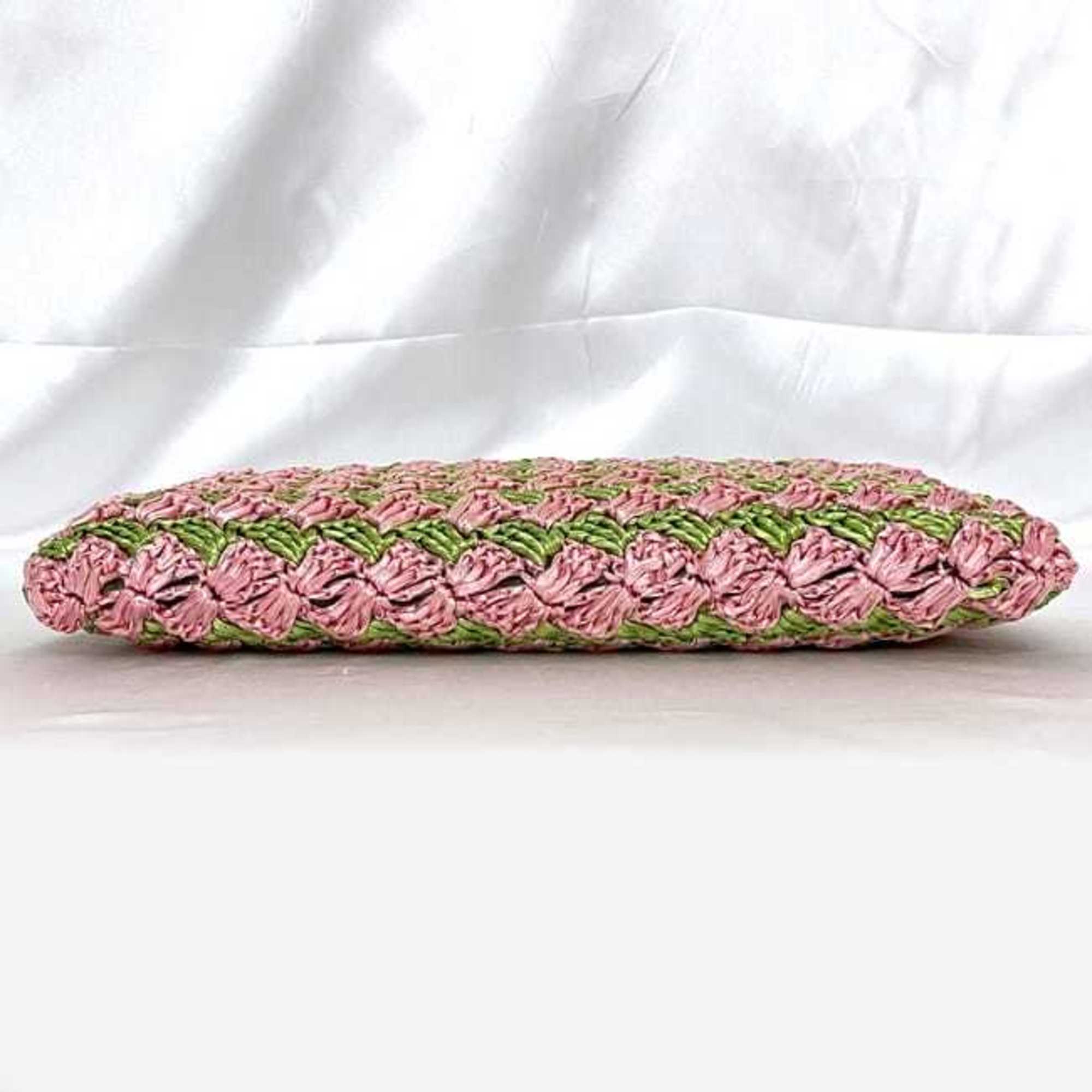 Prada Clutch Bag Pink Green Raffia Crockett BP0515 Handbag Straw PRADA Triangle Women's Compact