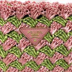 Prada Clutch Bag Pink Green Raffia Crockett BP0515 Handbag Straw PRADA Triangle Women's Compact