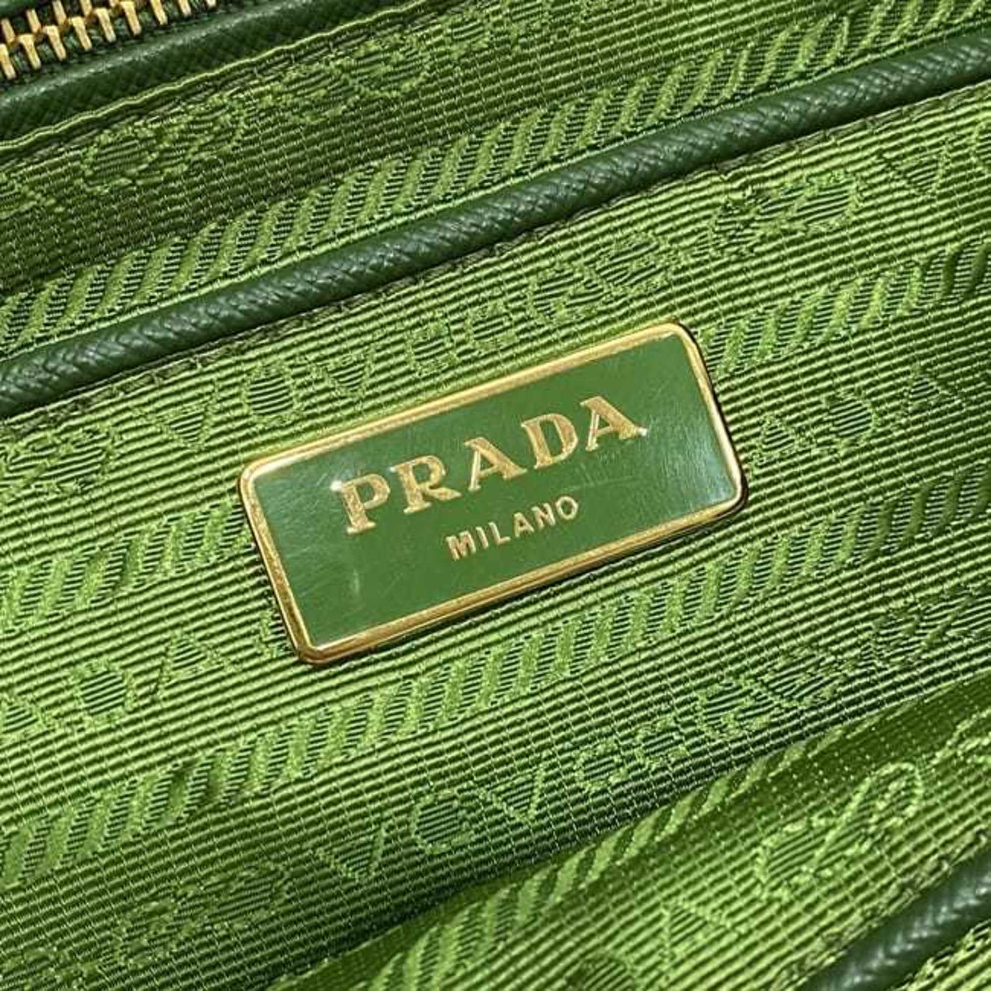 Prada Clutch Bag Pink Green Raffia Crockett BP0515 Handbag Straw PRADA Triangle Women's Compact