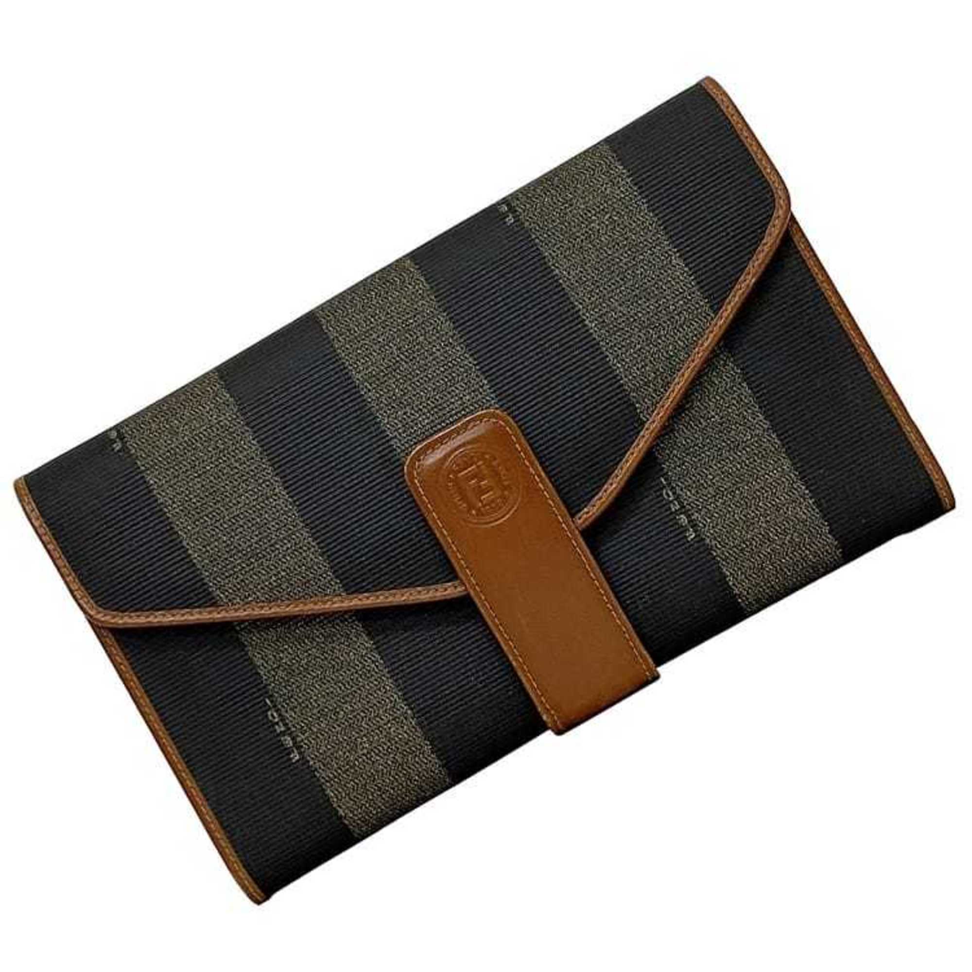 Fendi Bi-fold Long Wallet Khaki Black Brown Pecan Multi-case PVC Leather FENDI Clutch Bag Stripe Flap