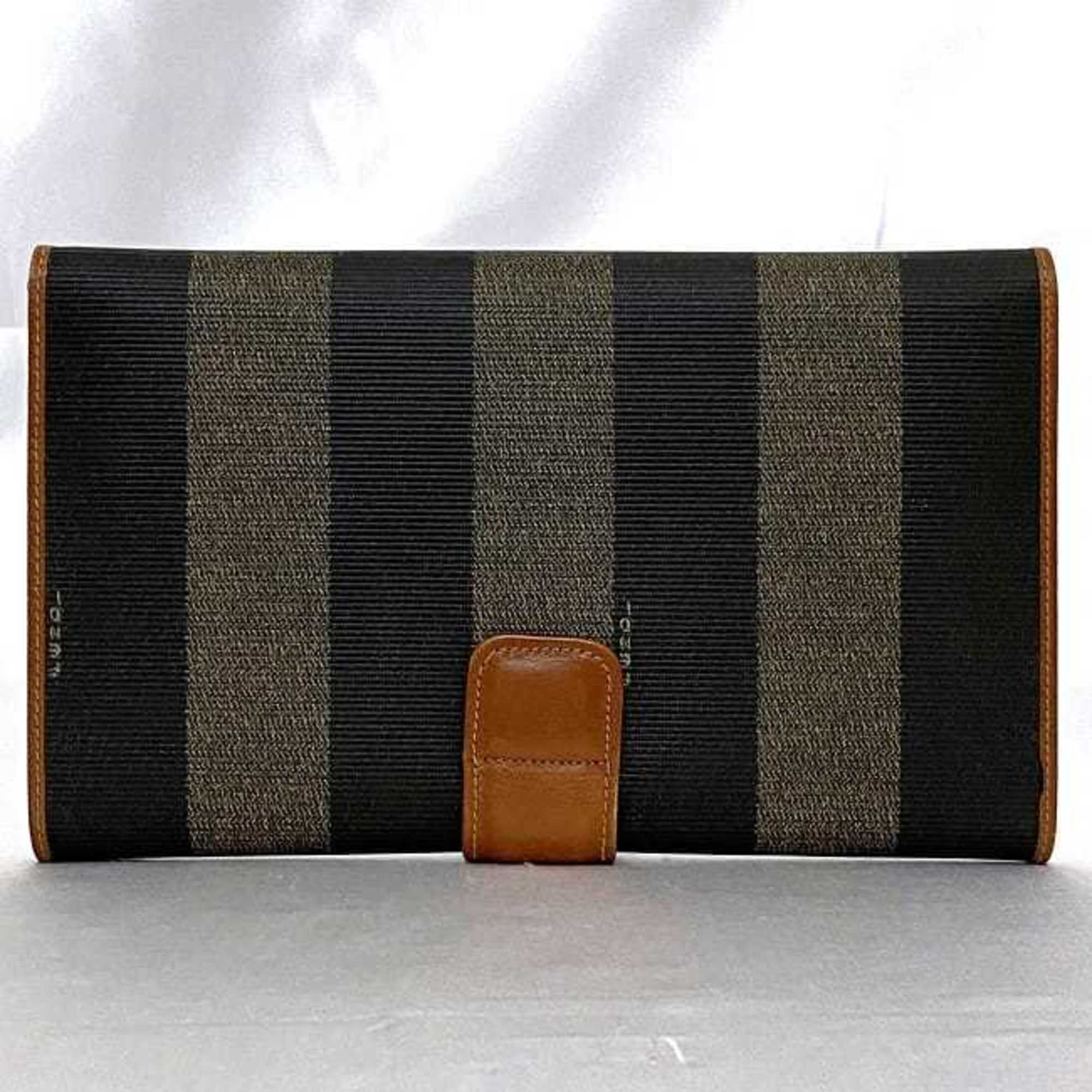 Fendi Bi-fold Long Wallet Khaki Black Brown Pecan Multi-case PVC Leather FENDI Clutch Bag Stripe Flap