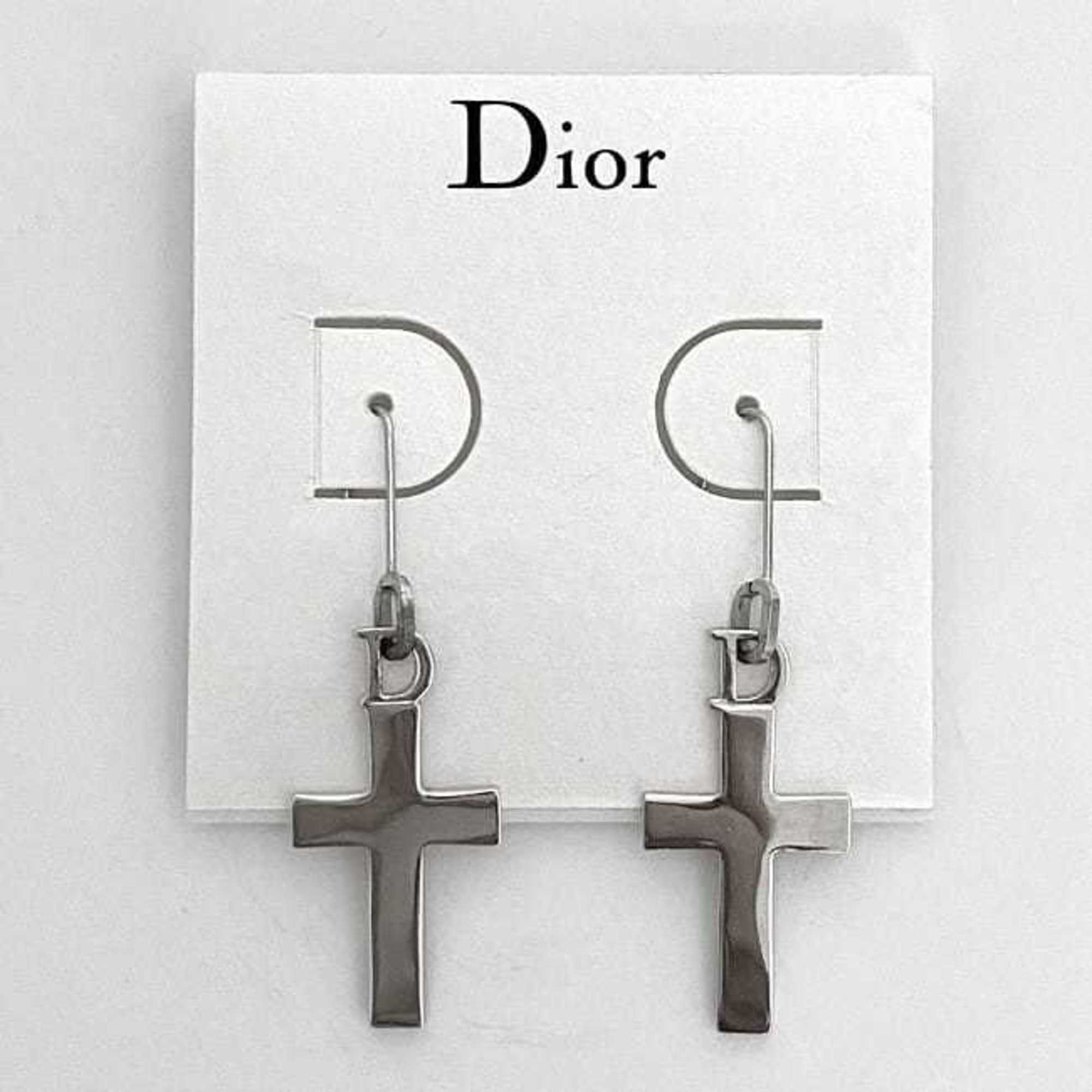 Christian Dior Cross Earrings Silver Metal Women's