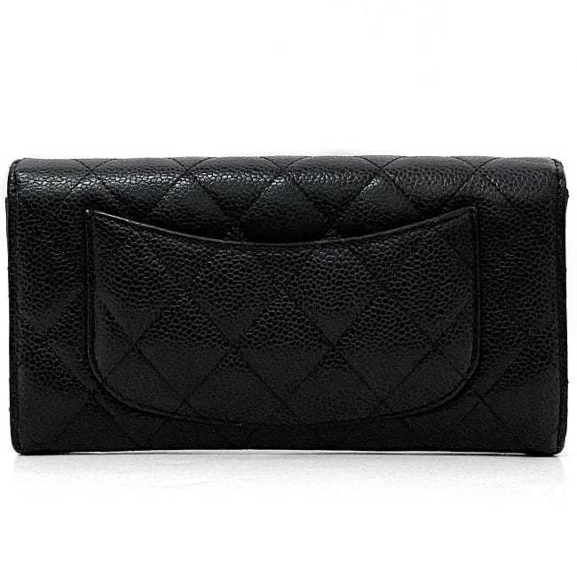 Chanel Bi-fold Long Wallet Black Matelasse AP0241 Leather Caviar Skin 28376574 CHANEL Coco Mark Flap Quilting Women's