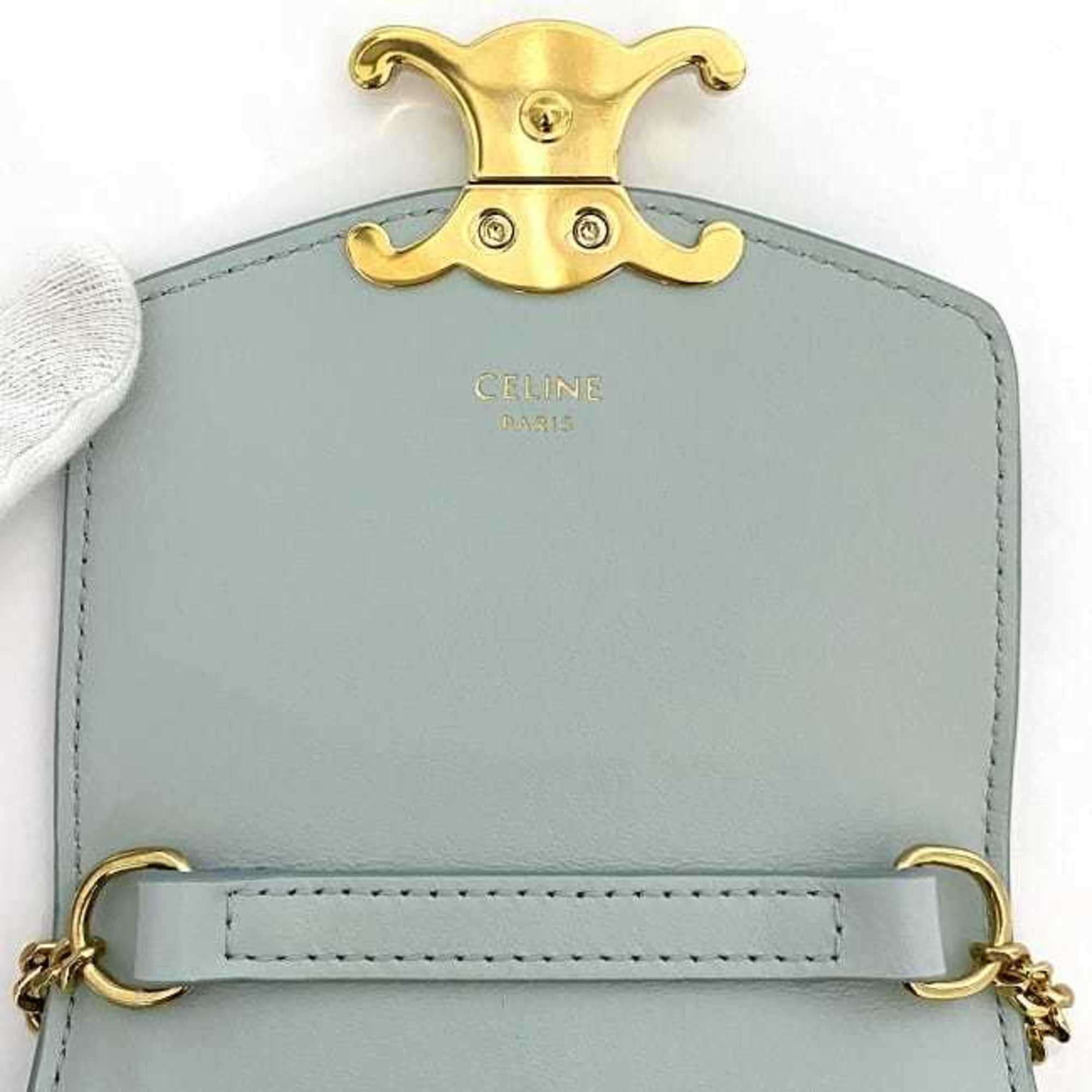 Celine Chain Shoulder Bag Vertical Mobile Pouch Light Blue Triomphe 10J133DPV.07SZ Pochette Shiny Calf Leather CELINE Flap Compact