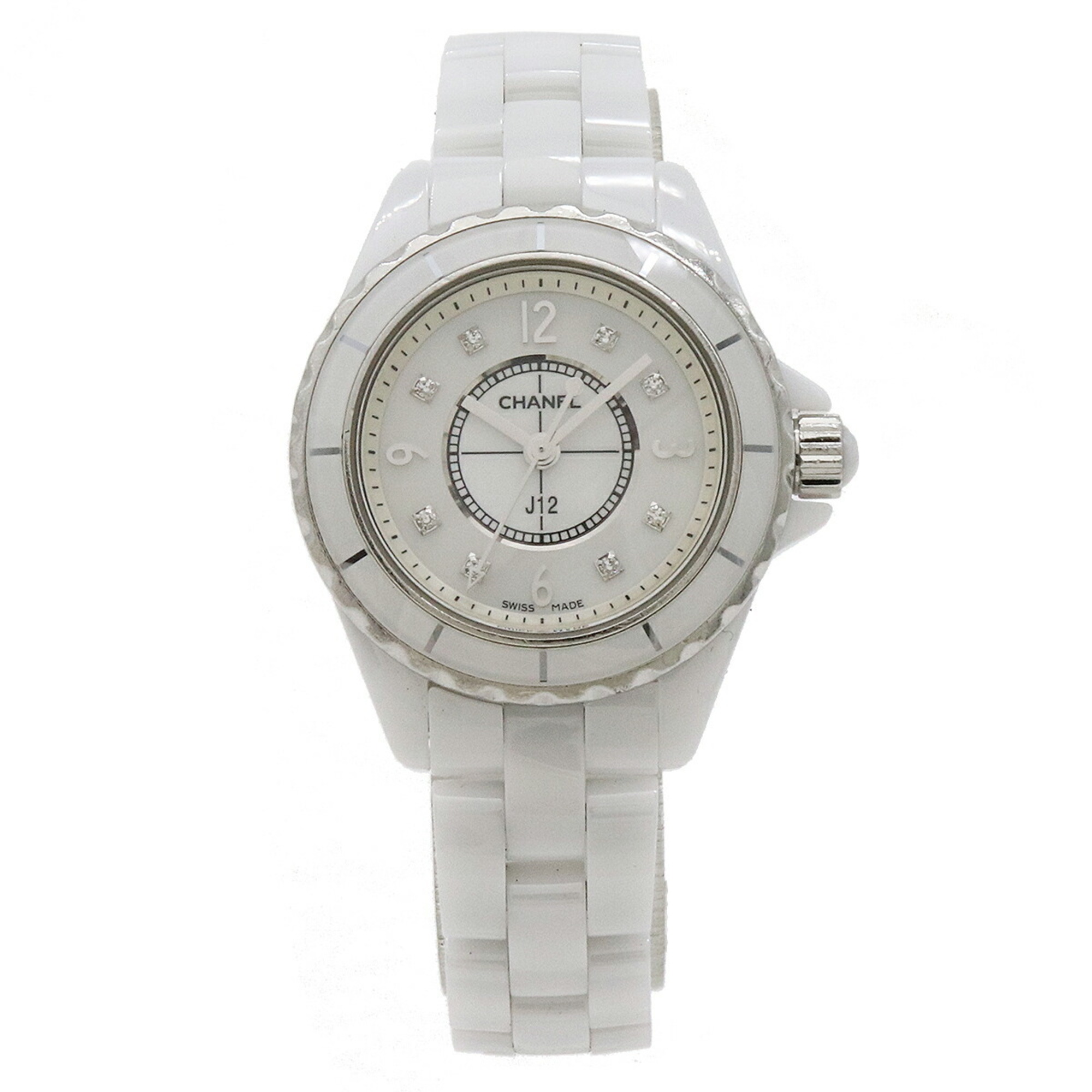 CHANEL J12 White Ceramic Shell Dial 8P Diamond Ladies Quartz Watch H2570