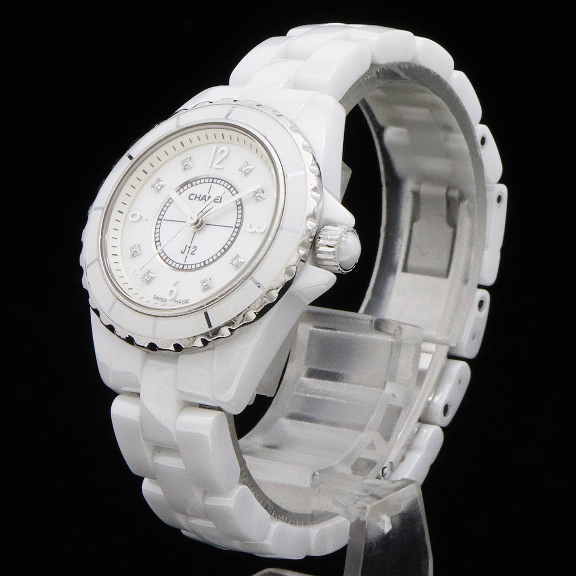 CHANEL J12 White Ceramic Shell Dial 8P Diamond Ladies Quartz Watch H2570