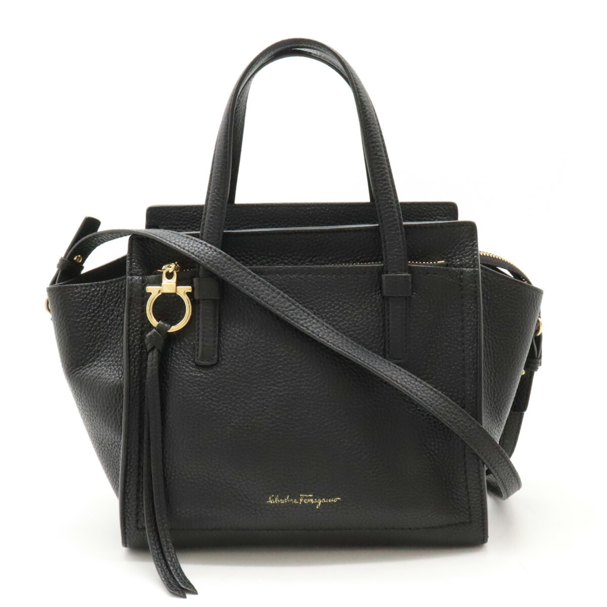 Salvatore Ferragamo AMY Gancini Tote Bag Shoulder Leather Black 21F478