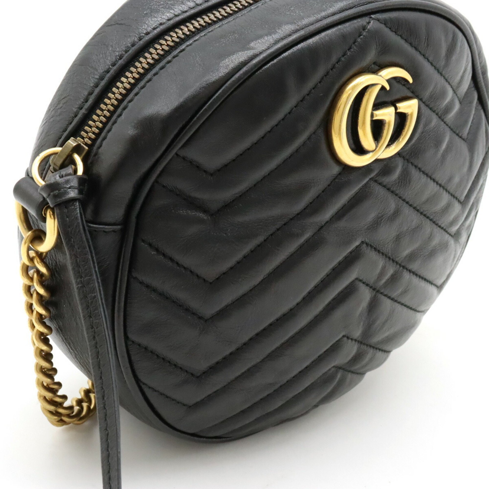 GUCCI GG Marmont Round Shoulder Bag Chain Quilted Leather Black 550154