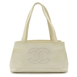 CHANEL Coco Mark Tote Bag Shoulder Wood Tone Caviar Skin Leather White