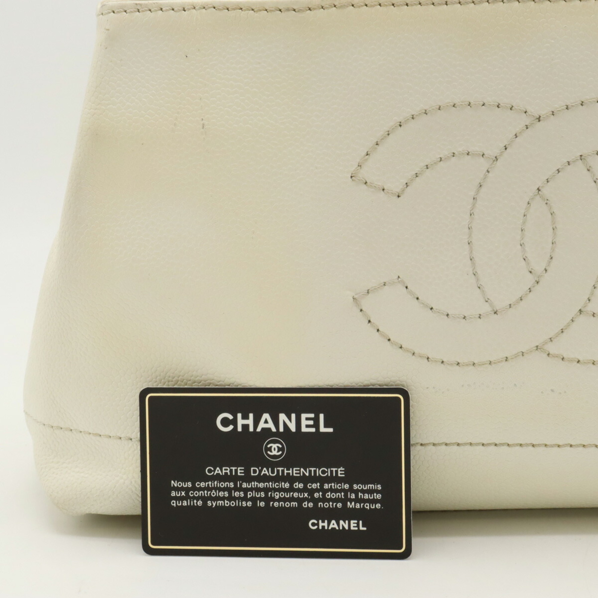 CHANEL Coco Mark Tote Bag Shoulder Wood Tone Caviar Skin Leather White