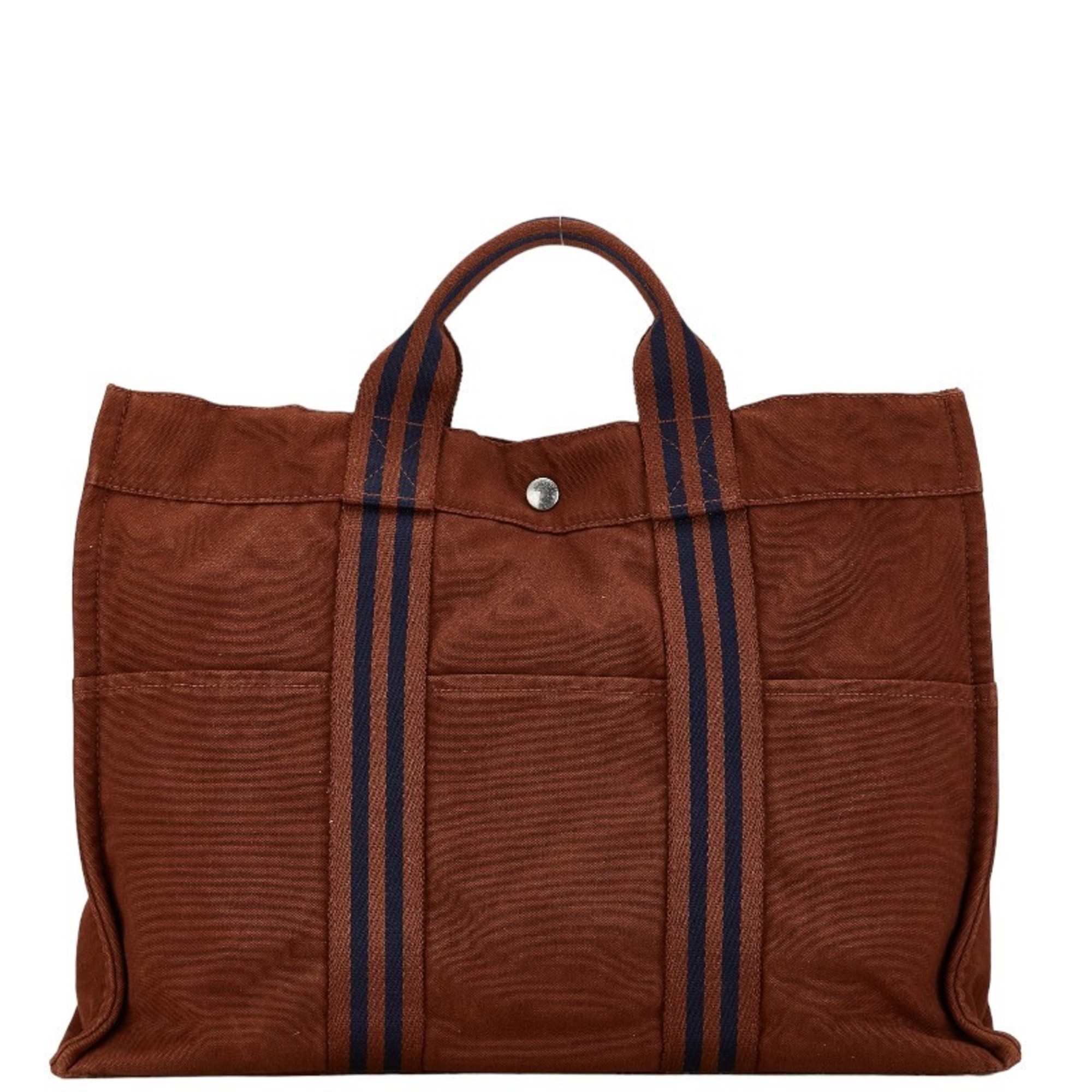 Hermes Air Line MM Handbag Tote Bag Brown Blue Canvas Women's HERMES