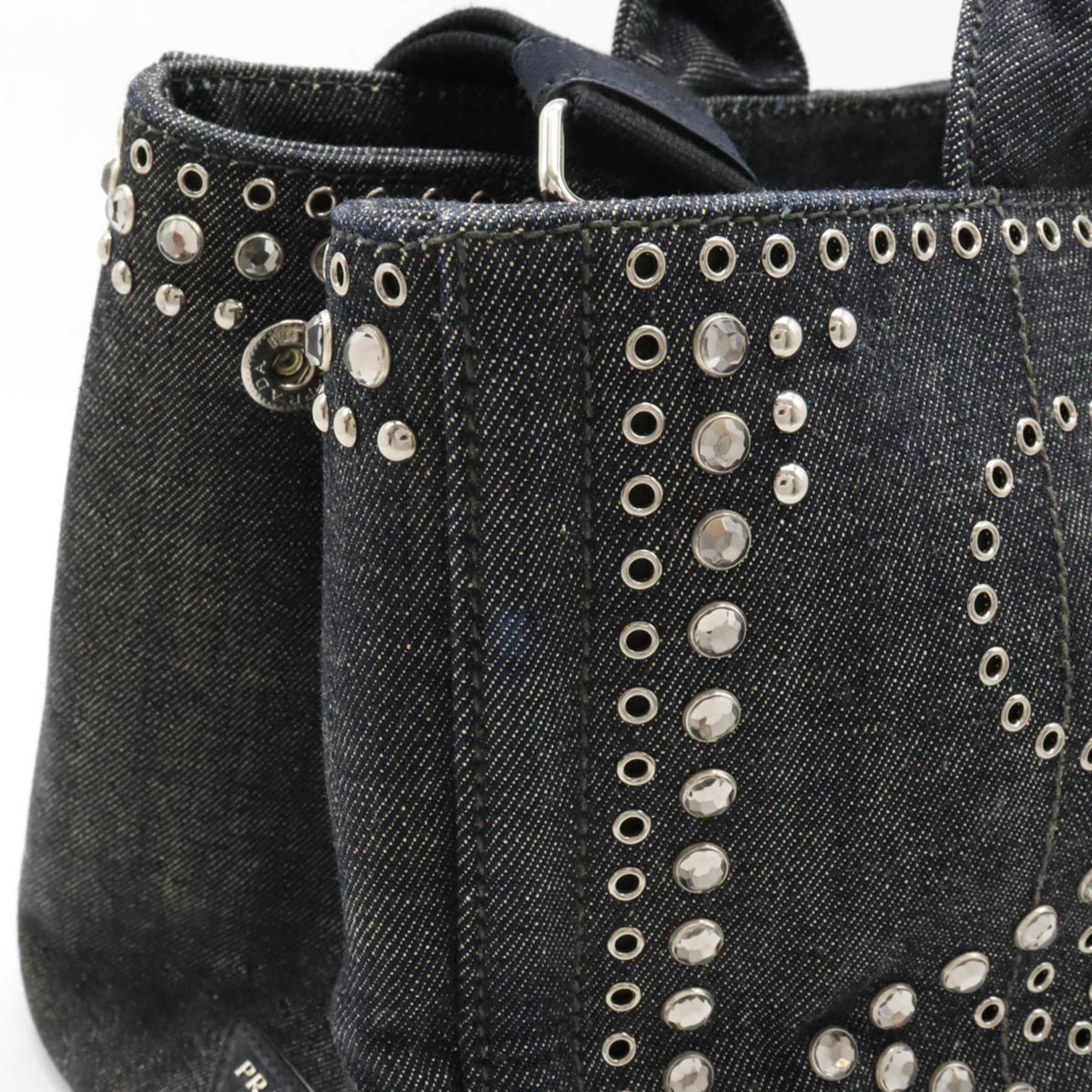 PRADA CANAPA Tote Bag Shoulder Denim Beads Studs BLEU Indigo Purchased at an Overseas Duty Free Shop BN2642