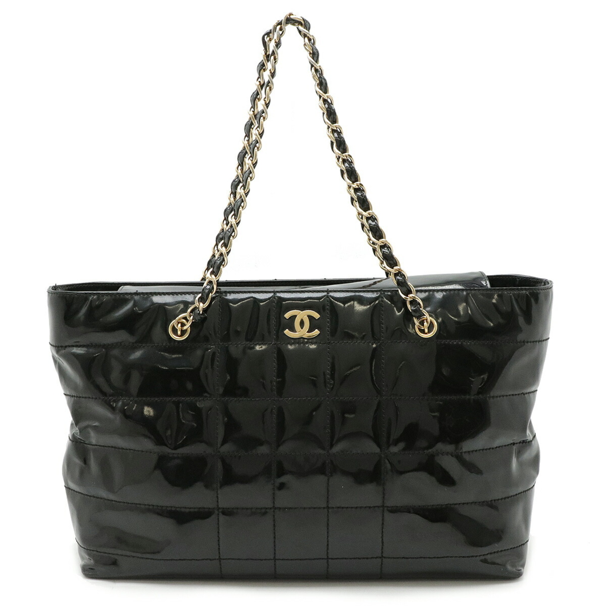 CHANEL Chocolate Bar Coco Mark Tote Bag Chain Shoulder Patent Leather Black