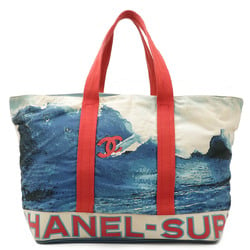 CHANEL Surf Line High Summer Tote Bag Large Shoulder Coco Mark Canvas Blue Ivory Red