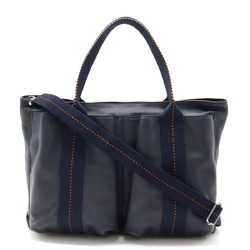 HERMES Caravan Horizontal MM Tote Bag Shoulder Veauderma Leather Navy Blue Orange