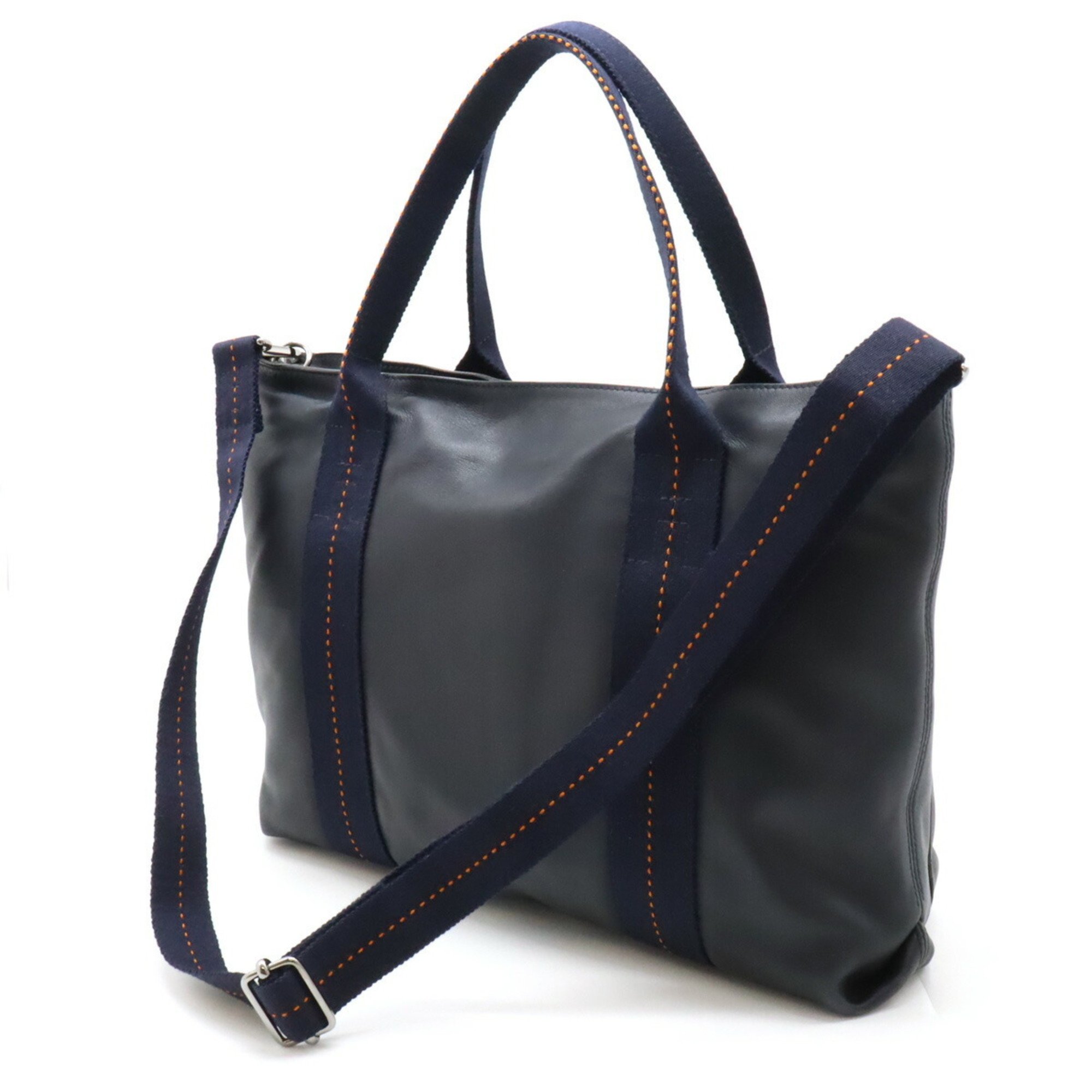 HERMES Caravan Horizontal MM Tote Bag Shoulder Veauderma Leather Navy Blue Orange