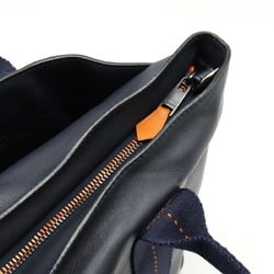 HERMES Caravan Horizontal MM Tote Bag Shoulder Veauderma Leather Navy Blue Orange