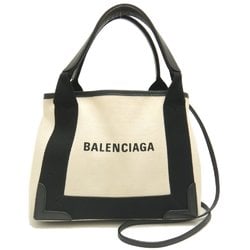 BALENCIAGA Navy Cabas XS 390346 Handbag Canvas x Leather Ivory Black 251973