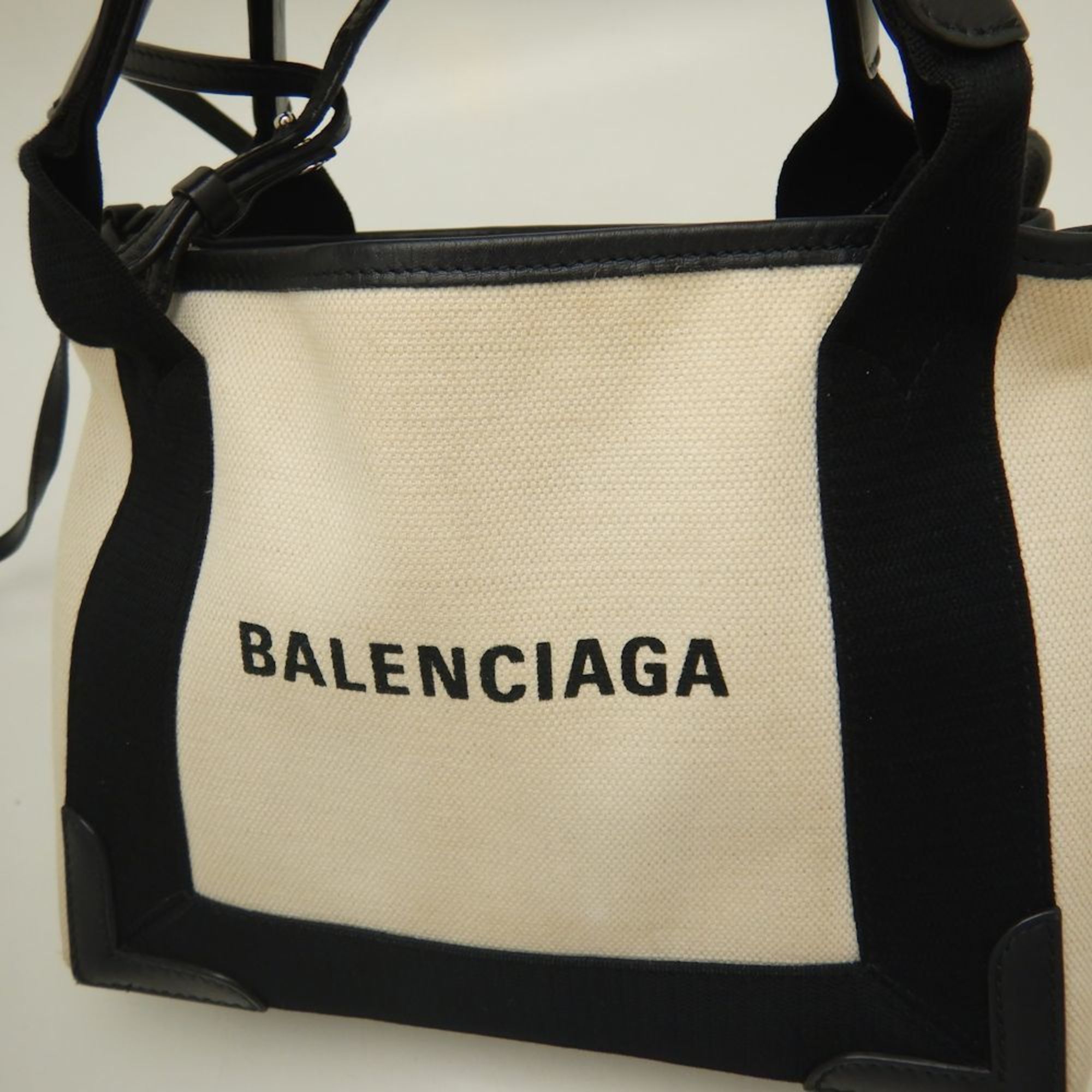 BALENCIAGA Navy Cabas XS 390346 Handbag Canvas x Leather Ivory Black 251973