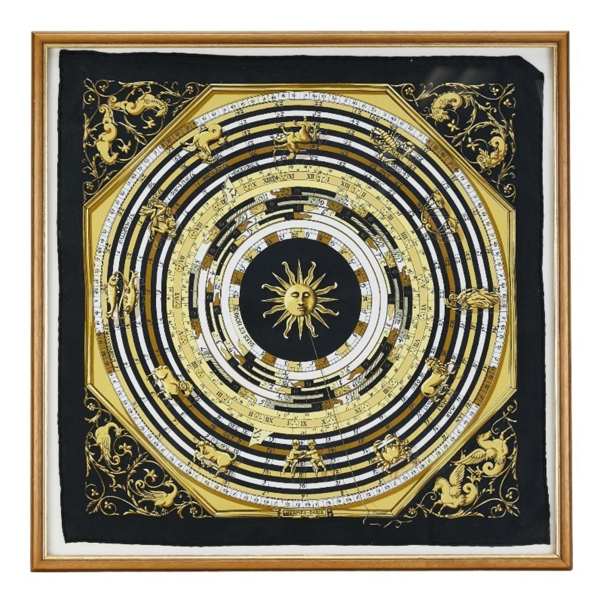 Hermes Carre 45 DIES ET HORE Astrology Sun Framed Scarf Muffler Black Gold Silk Women's HERMES