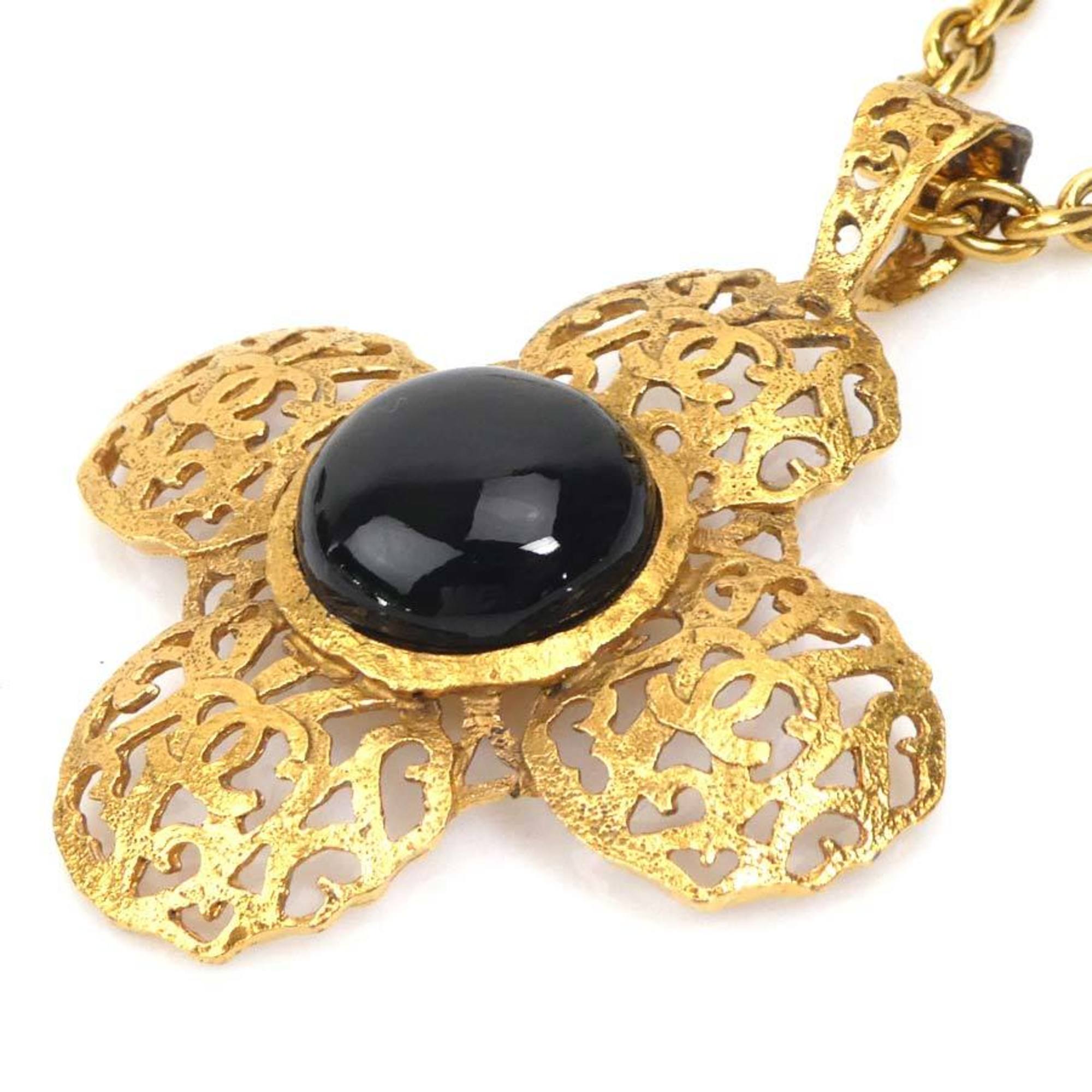 CHANEL Necklace Coco Mark Metal Stone Gold Black Women's e58950a