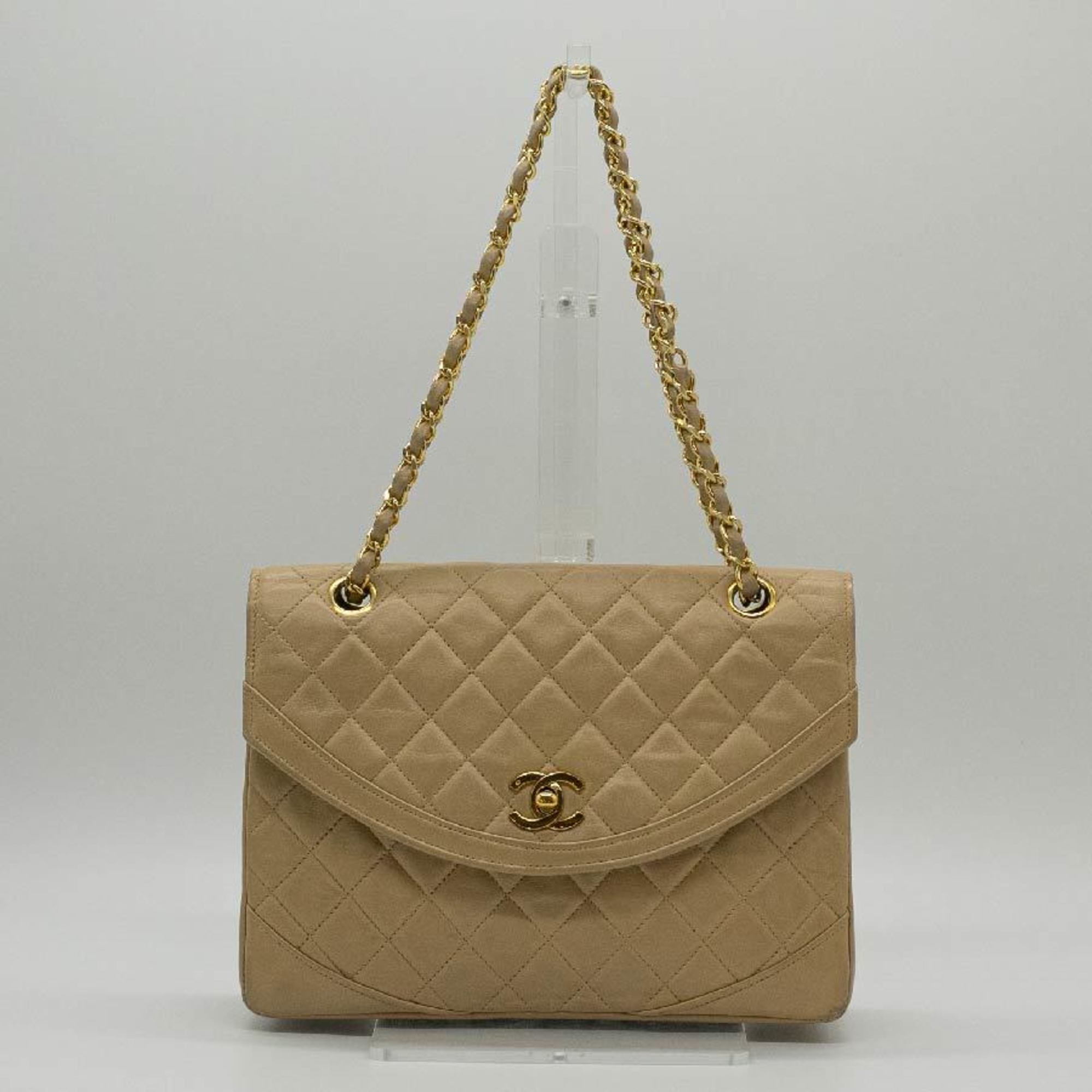 CHANEL Shoulder Bag Matelasse Chain Leather Beige Gold Women's PD315