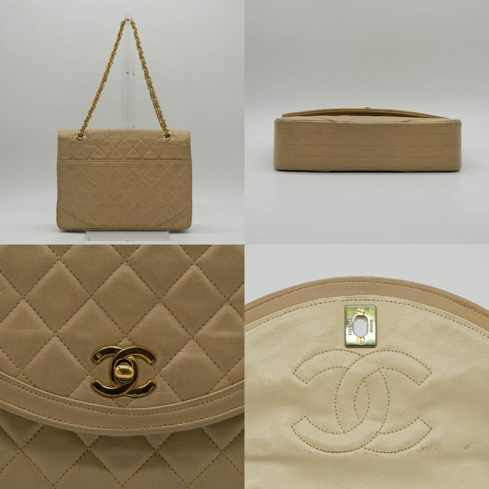 CHANEL Shoulder Bag Matelasse Chain Leather Beige Gold Women's PD315