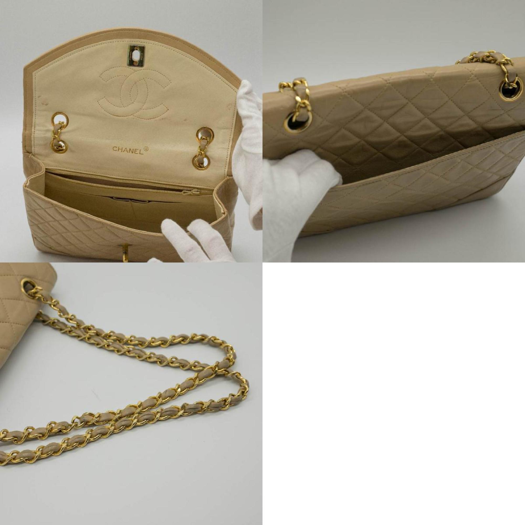 CHANEL Shoulder Bag Matelasse Chain Leather Beige Gold Women's PD315