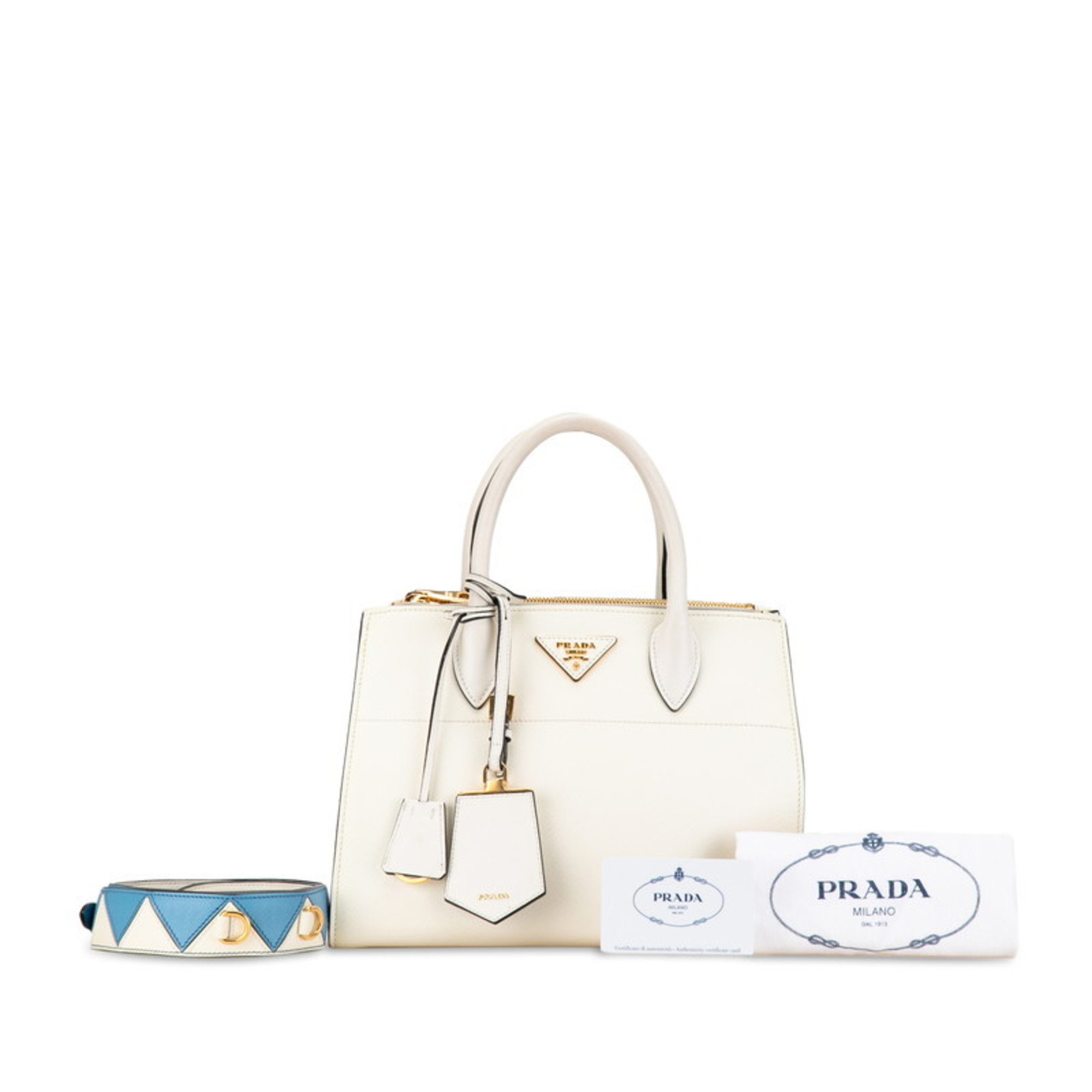 Prada Paradigm Triangle Plate Saffiano Handbag Shoulder Bag 1BA103 White Leather Women's PRADA