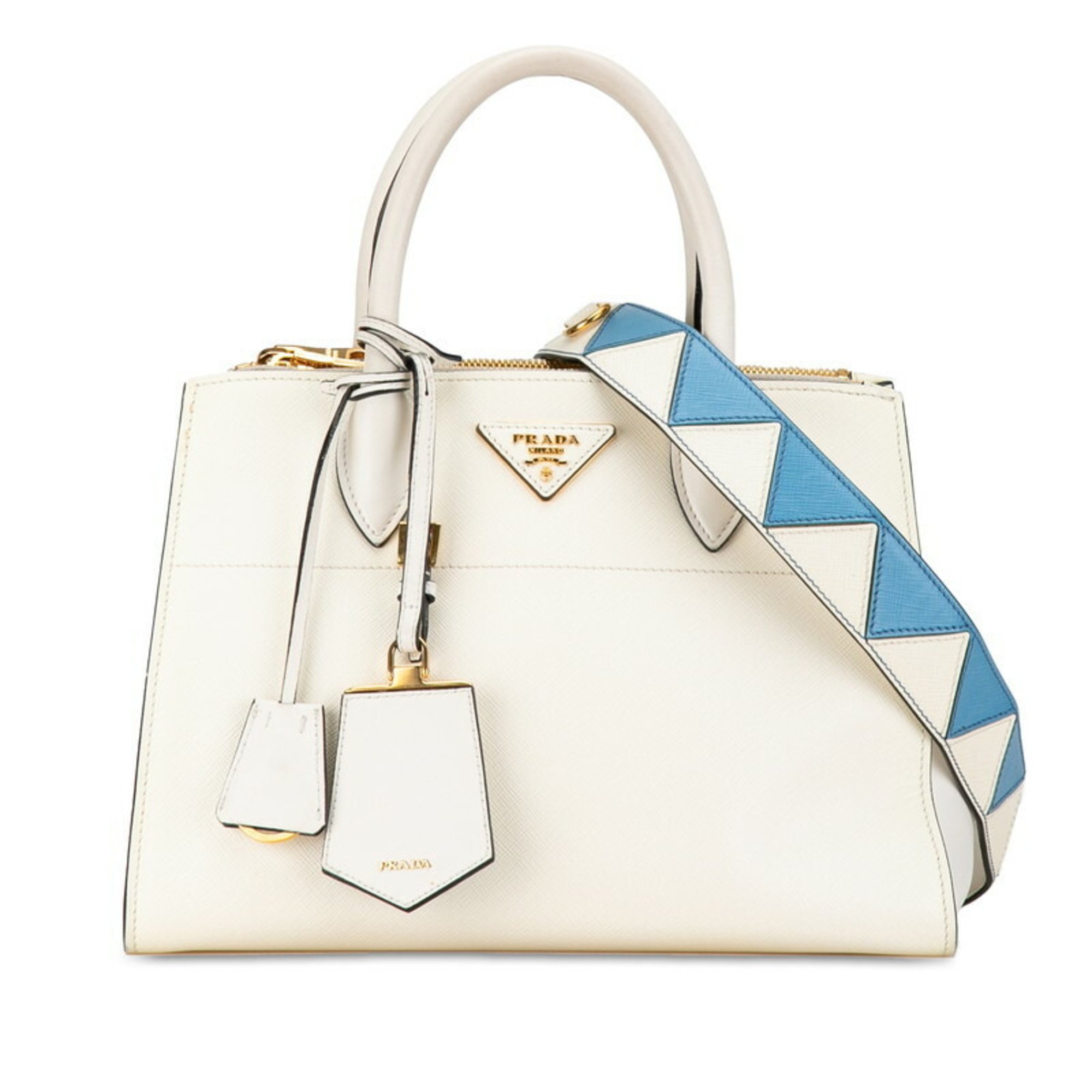 Prada Paradigm Triangle Plate Saffiano Handbag Shoulder Bag 1BA103 White Leather Women's PRADA