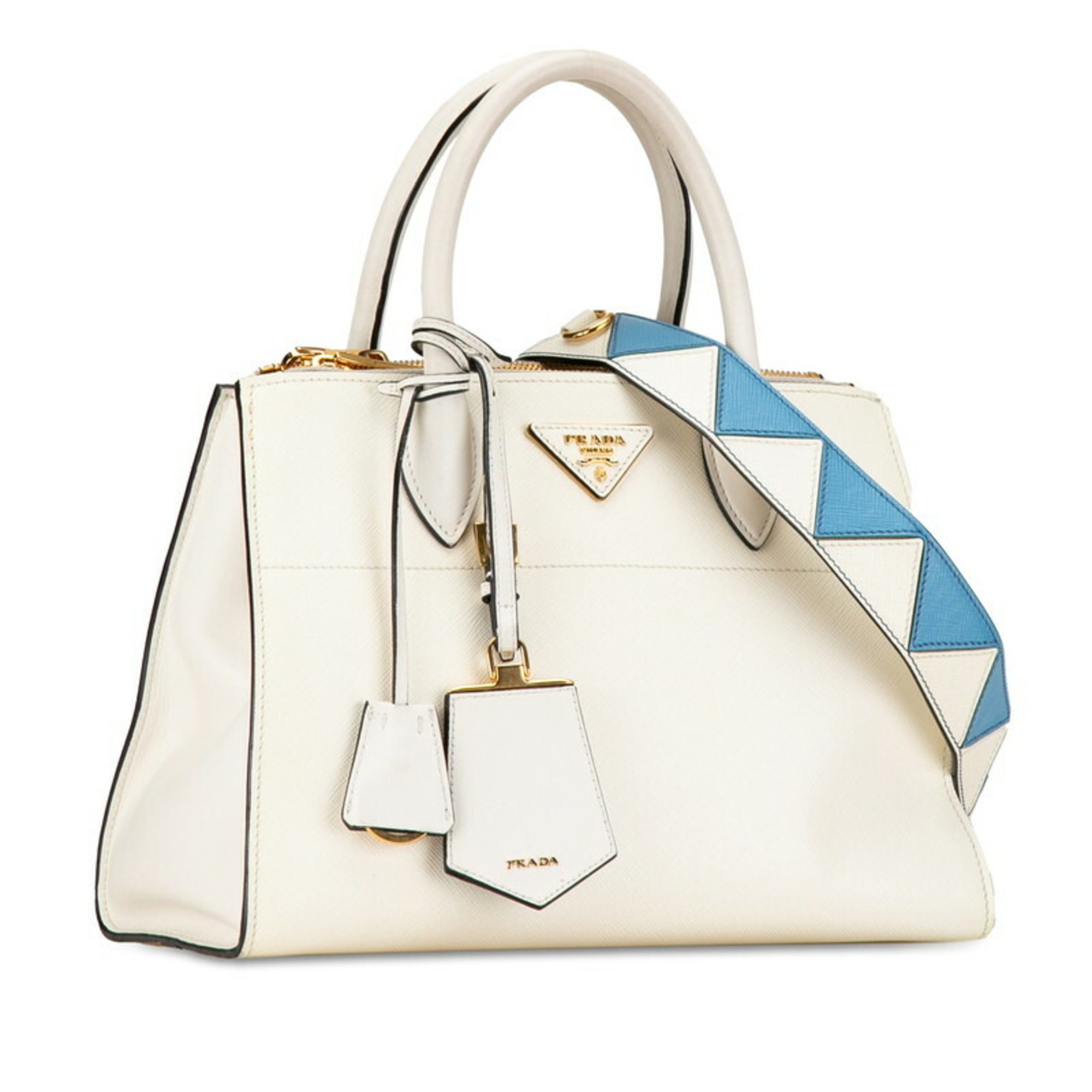 Prada Paradigm Triangle Plate Saffiano Handbag Shoulder Bag 1BA103 White Leather Women's PRADA