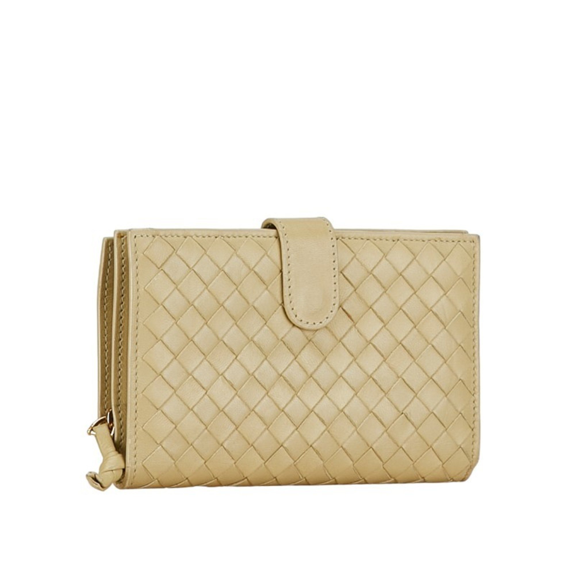 Bottega Veneta Intrecciato Bi-fold Wallet Beige Leather Women's BOTTEGAVENETA