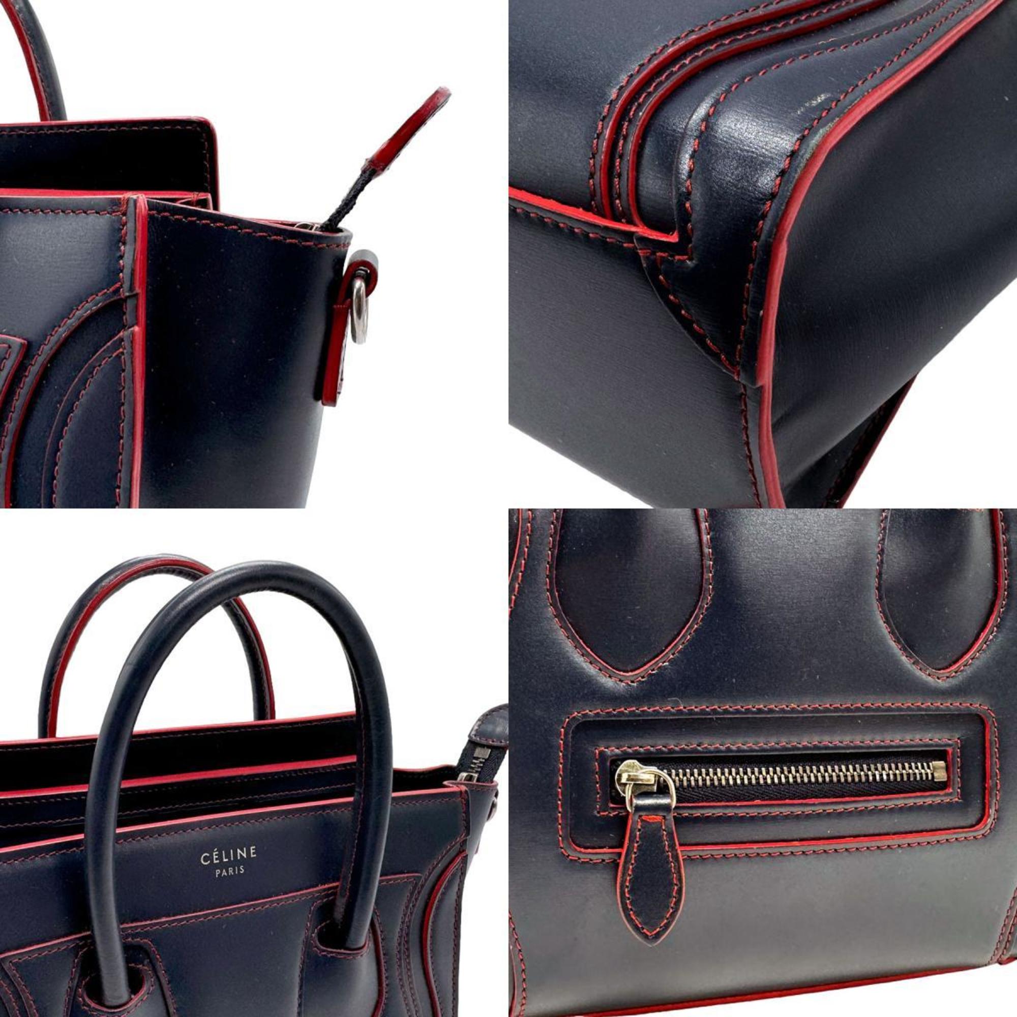 CELINE Handbag Shoulder Bag Luggage Nano Shopper Leather Navy x Red Women's z2064