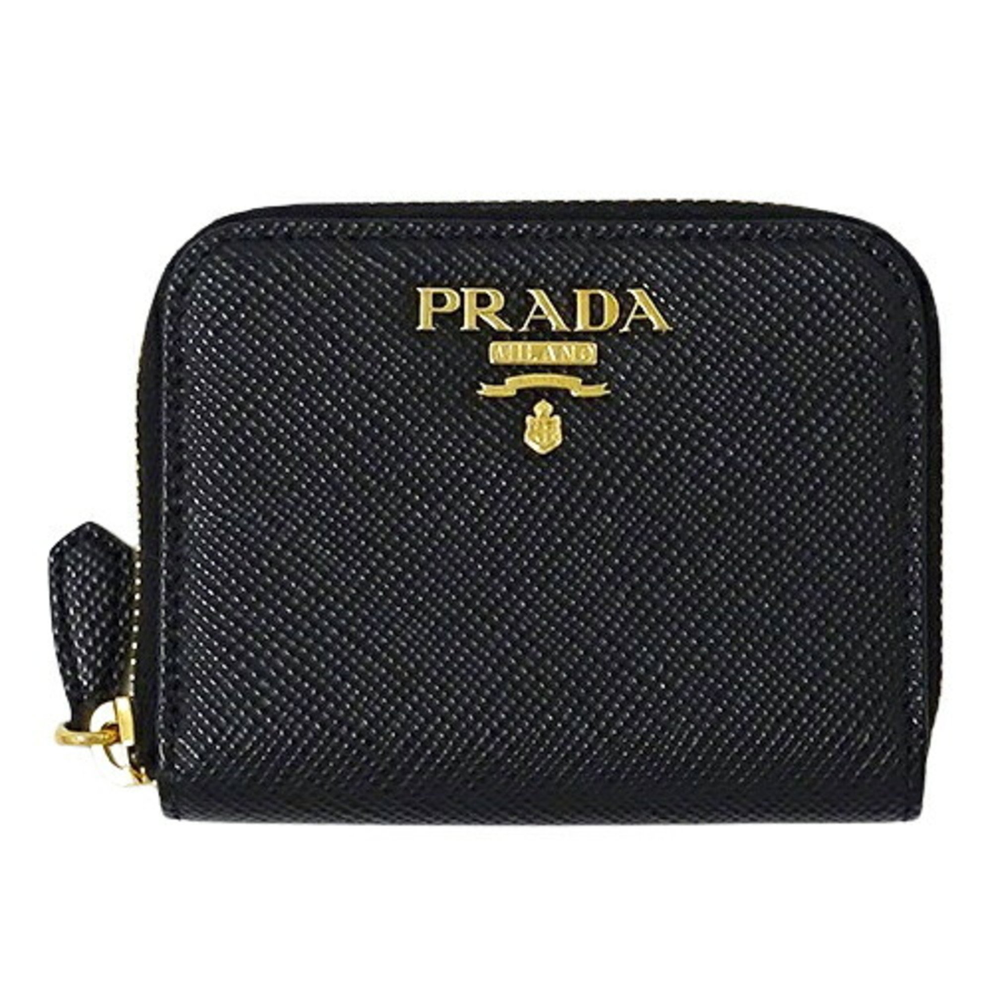 PRADA Wallet for Women and Men, Coin Case, Purse, Saffiano Black, 1MM268, Round