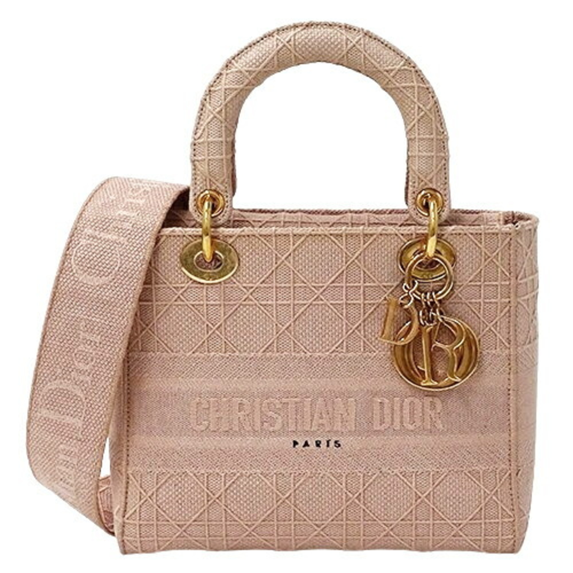 Christian Dior Dior Bag Women's Handbag Shoulder 2way Cannage Lady D-Light Medium Embroidered Canvas Pink Embroidery