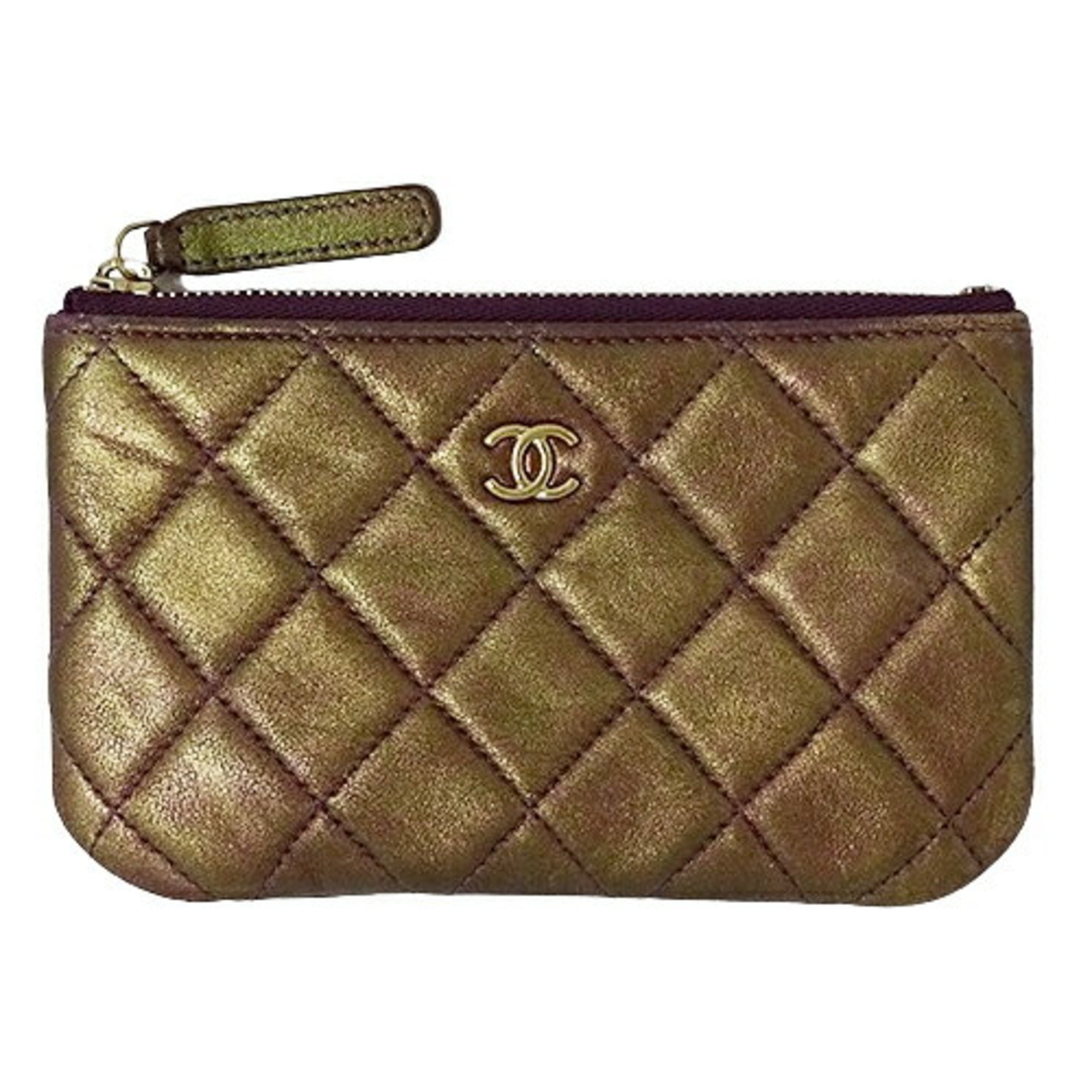 CHANEL Pouch Matelasse Women's Card Case Lambskin Gold Purple