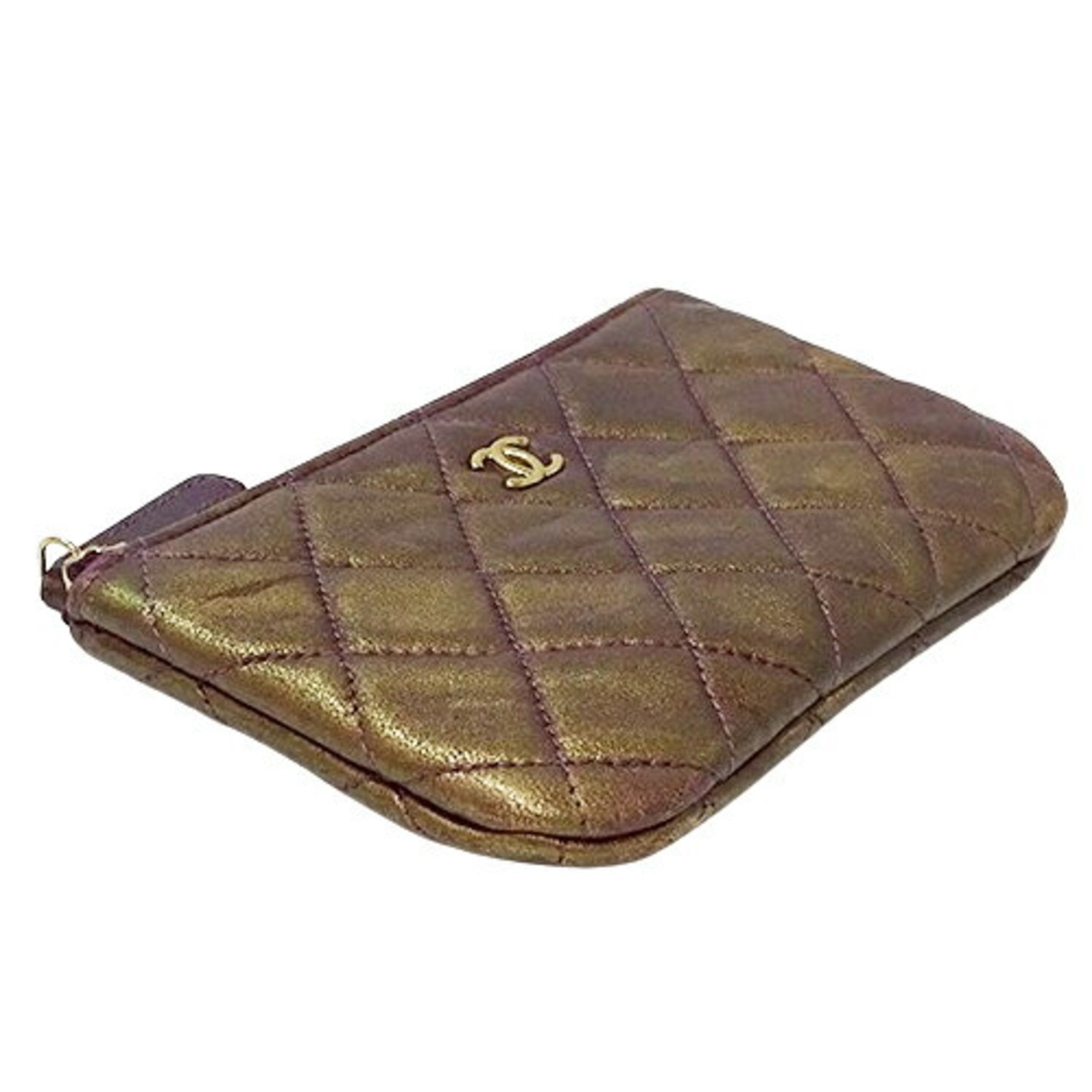 CHANEL Pouch Matelasse Women's Card Case Lambskin Gold Purple