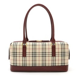 BURBERRY Nova Check Pattern Handbag Boston Canvas Leather Beige Bordeaux Red